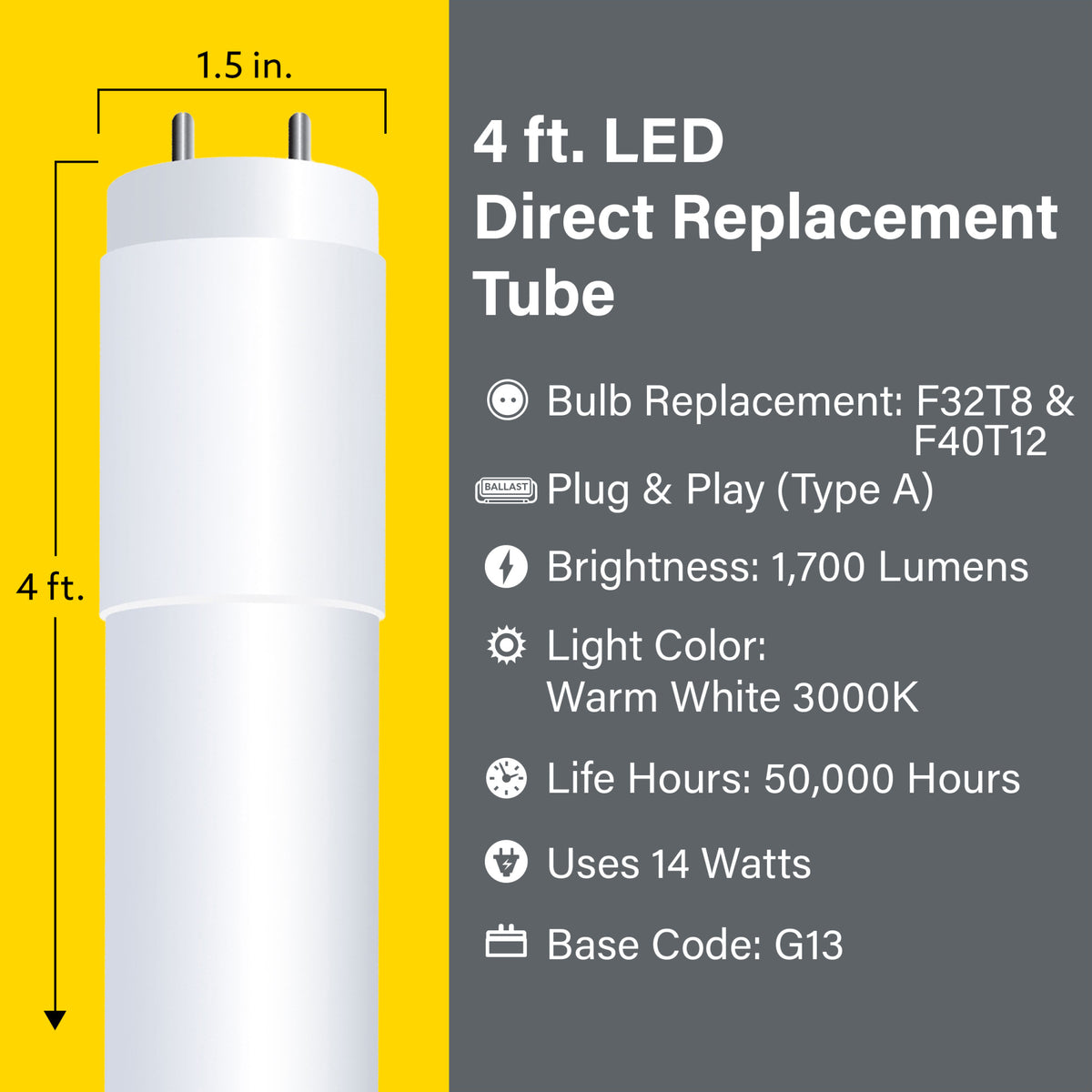 4 ft. 14W (32/40W Replacement) Warm White (3000K) T8/T12 Universal Base Direct Replacement (Type A) Plug & Play LED