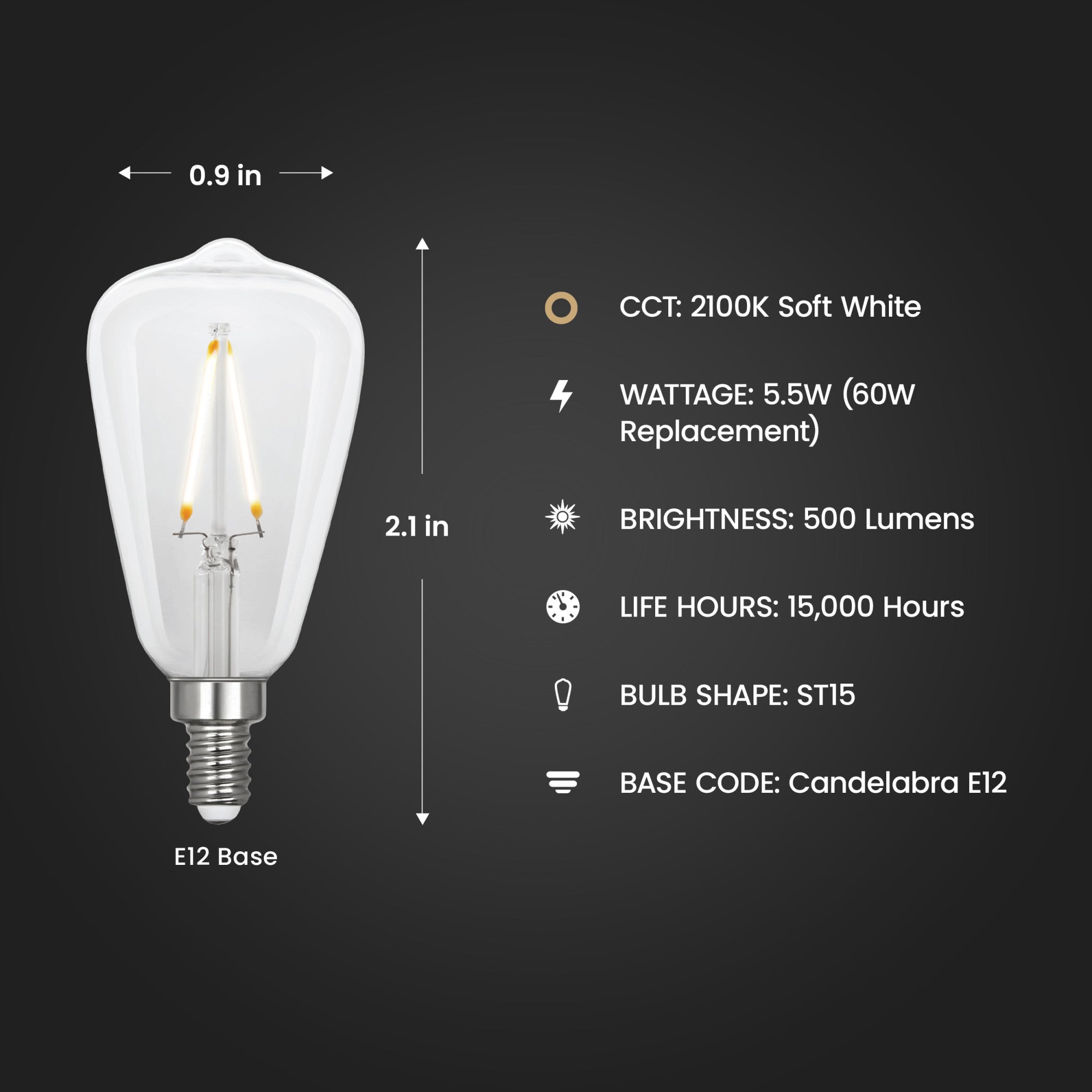 5.5W (60W Replacement) ST15 E26 Dimmable Straight Filament Clear