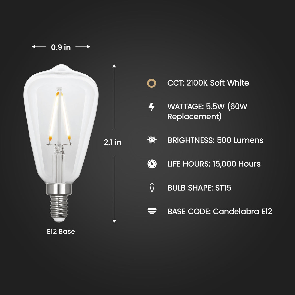 5.5W (60W Replacement) ST15 E26 Dimmable Straight Filament Clear Glass Vintage Edison LED Light Bulb, Soft White