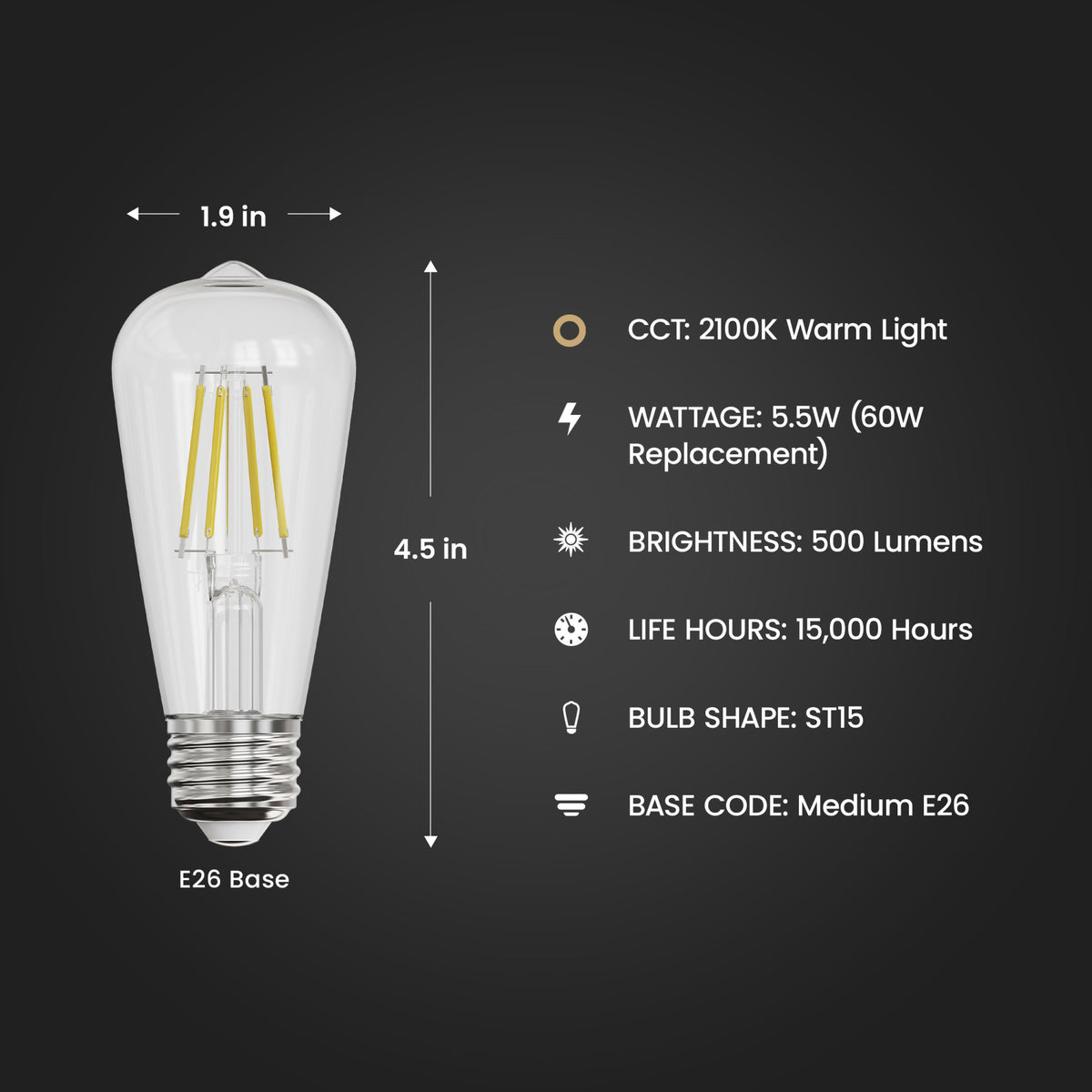5.5W (60W Replacement) ST15 E26 Dimmable Straight Filament Clear Glass Vintage Edison LED Light Bulb, Soft White (2-Pack)