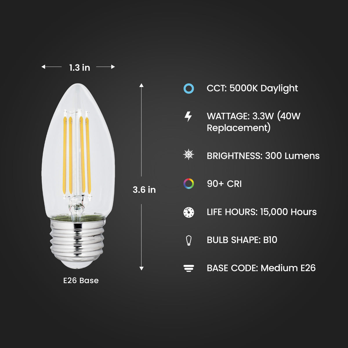 40W Replacement B10 Dimmable Daylight Decorative LED Filament Enhance (2-Pack)