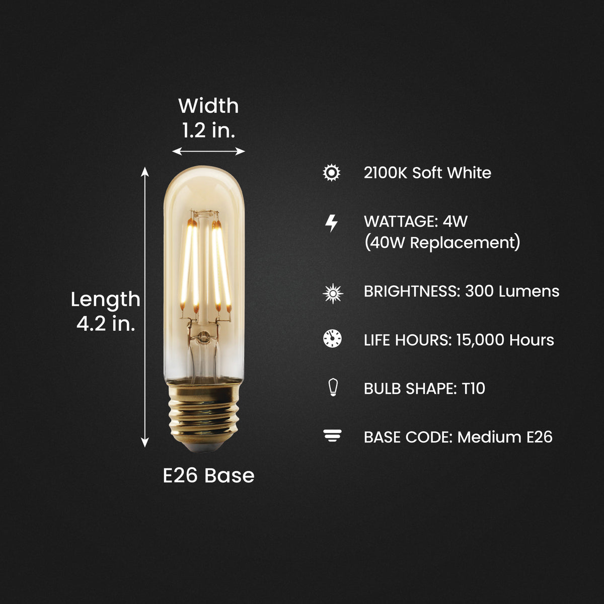 4W (40W Replacement) T10 E26 Dimmable Straight Filament Amber Glass Vintage Edison LED Light Bulb, Soft White