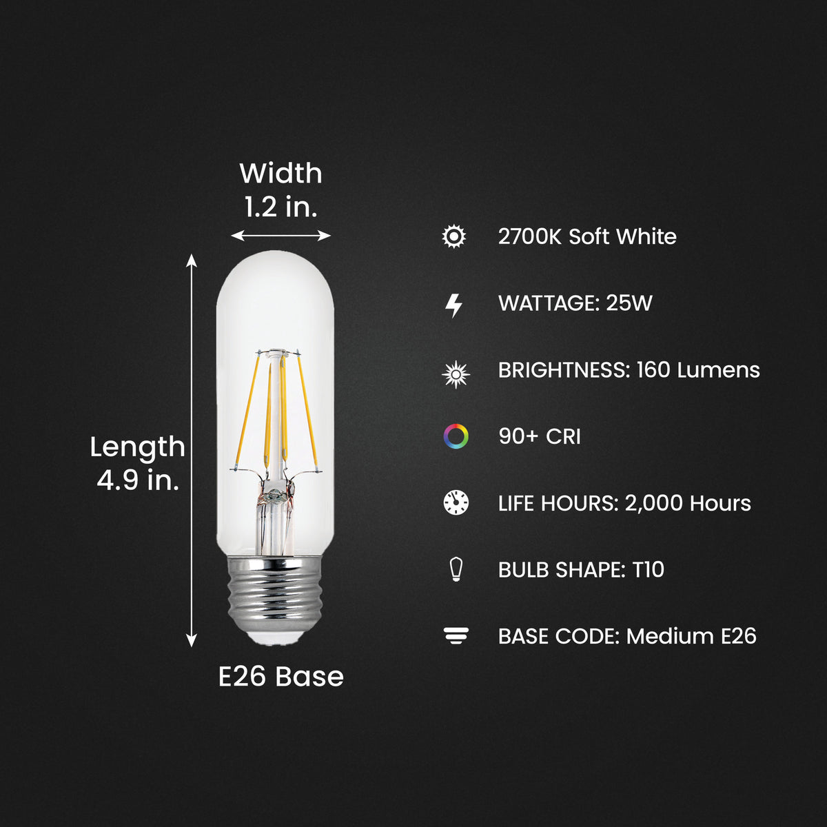 4.5W (40W Replacement) Soft White (2700K) T10 Dimmable Enhance Glass Filament LED