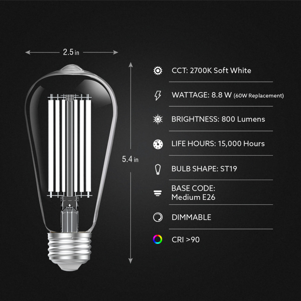 8.8W (60W Replacement) Soft White (2700K) ST19 Shape (E26 Base) LED Exposed White Filament Bulb