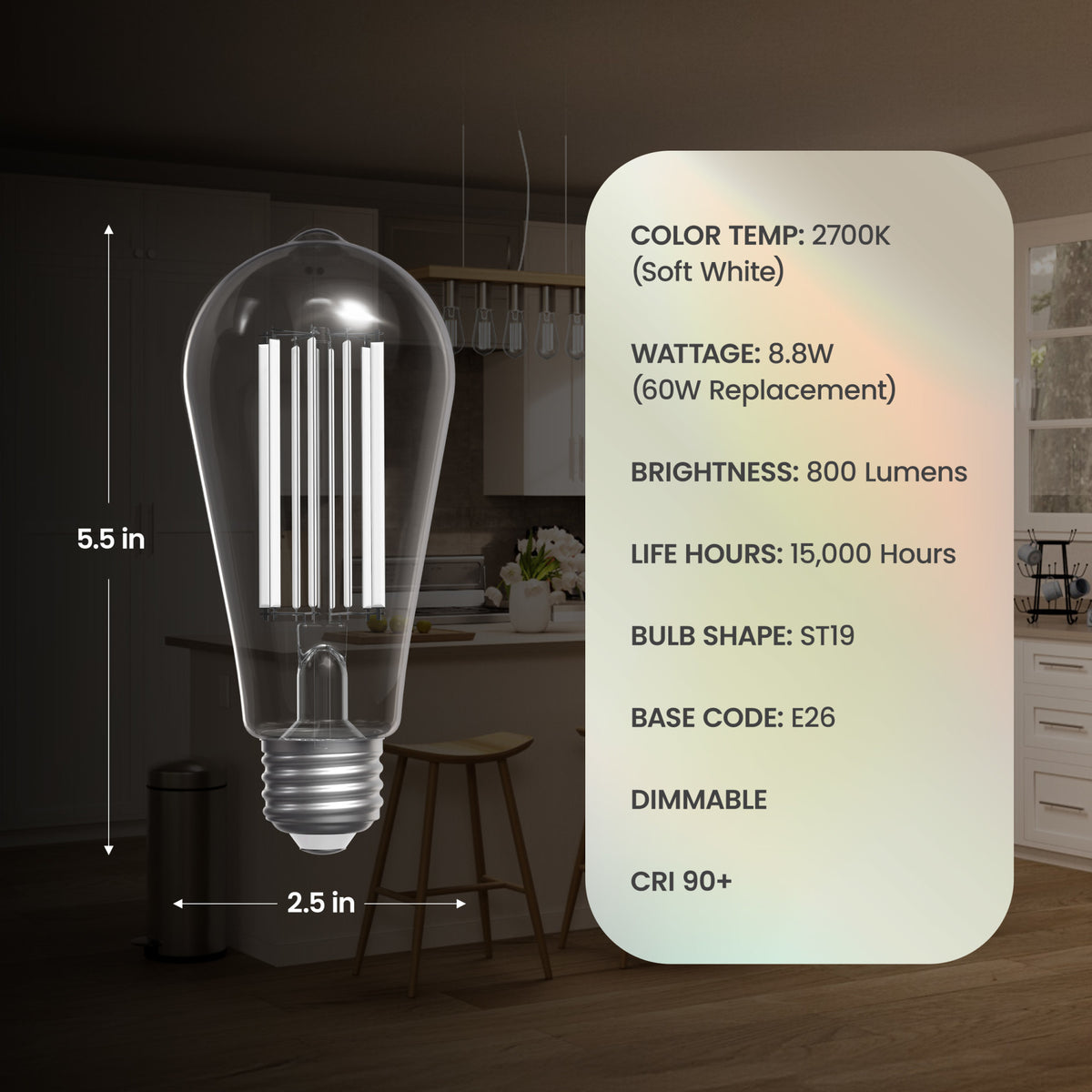 8.8W (60W Replacement) Soft White (2700K) ST19 Shape (E26 Base) LED Exposed White Filament Bulb (4-Pack)