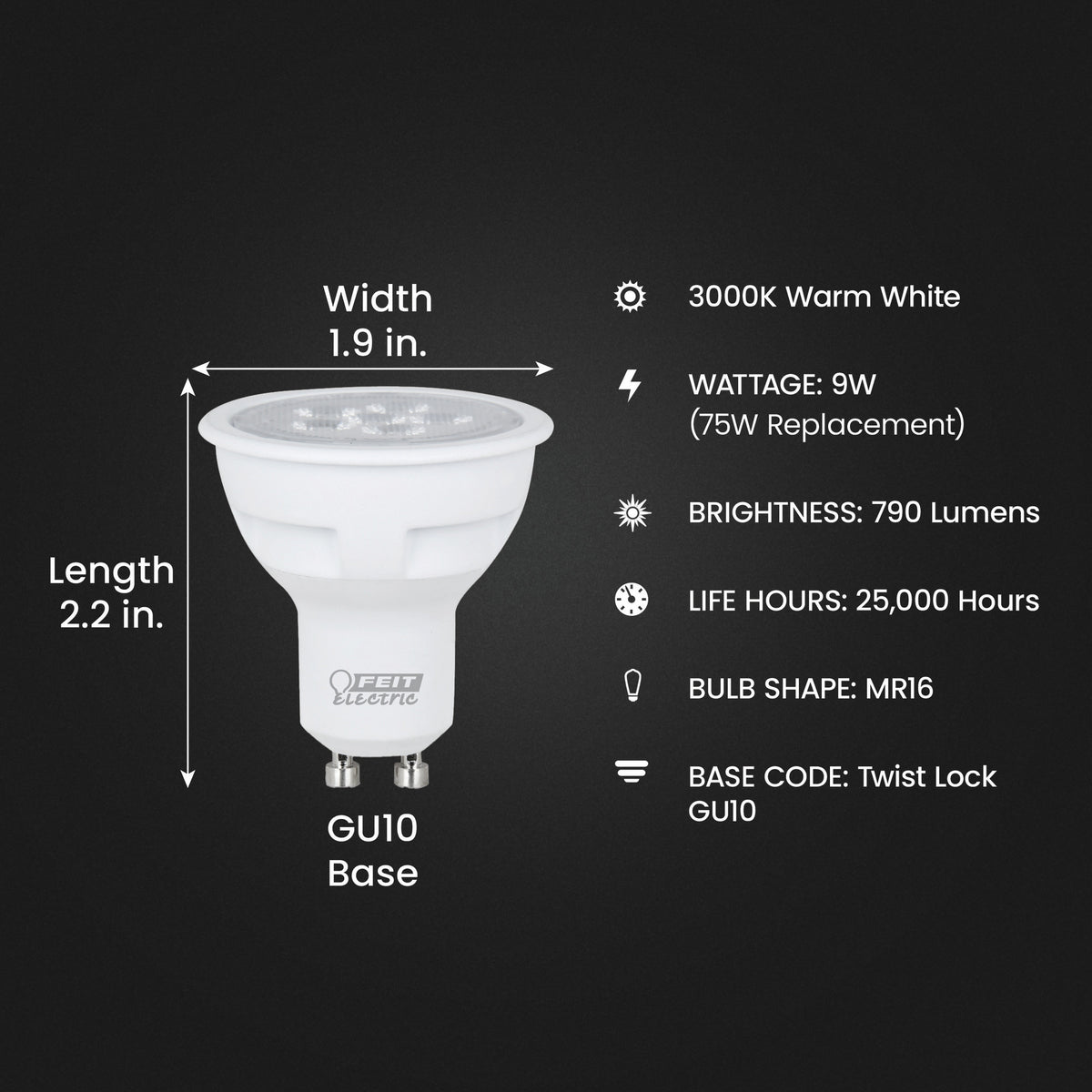 9W (75W Replacement) Warm White (3000K) GU10 Base MR16 Dimmable Reflector LED Light Bulb