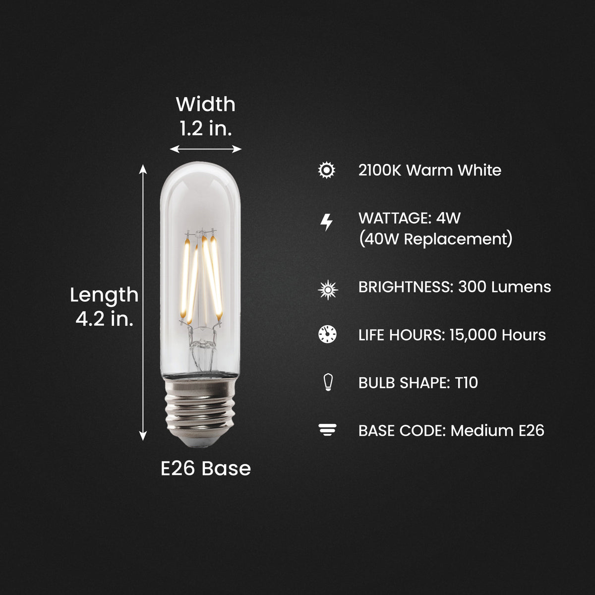 4W (40W Replacement) T10 E26 Dimmable Spiral Filament Clear Glass Vintage Edison LED Light Bulb, Soft White