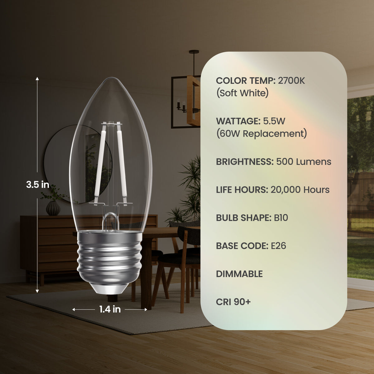 5.5W (60W Equivalent) Soft White (2700K) B10 Shape (E26 Base) Torpedo Tip White Filament LED Bulb (3-Pack)