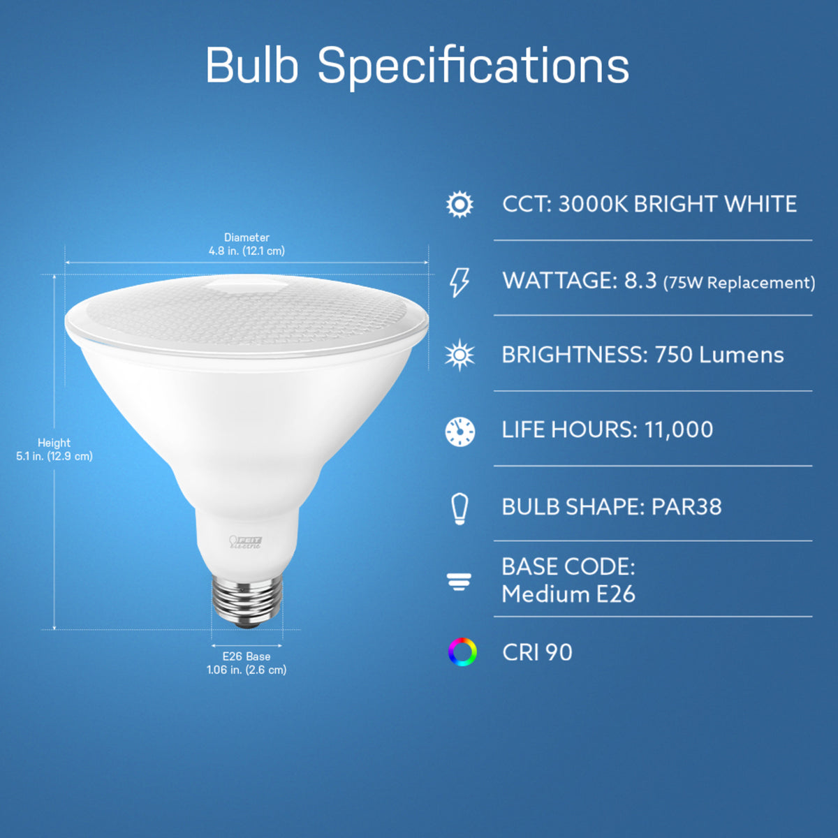 8.3W (75W Replacement) Bright White (3000K) PAR38 Reflector LED Light Bulb