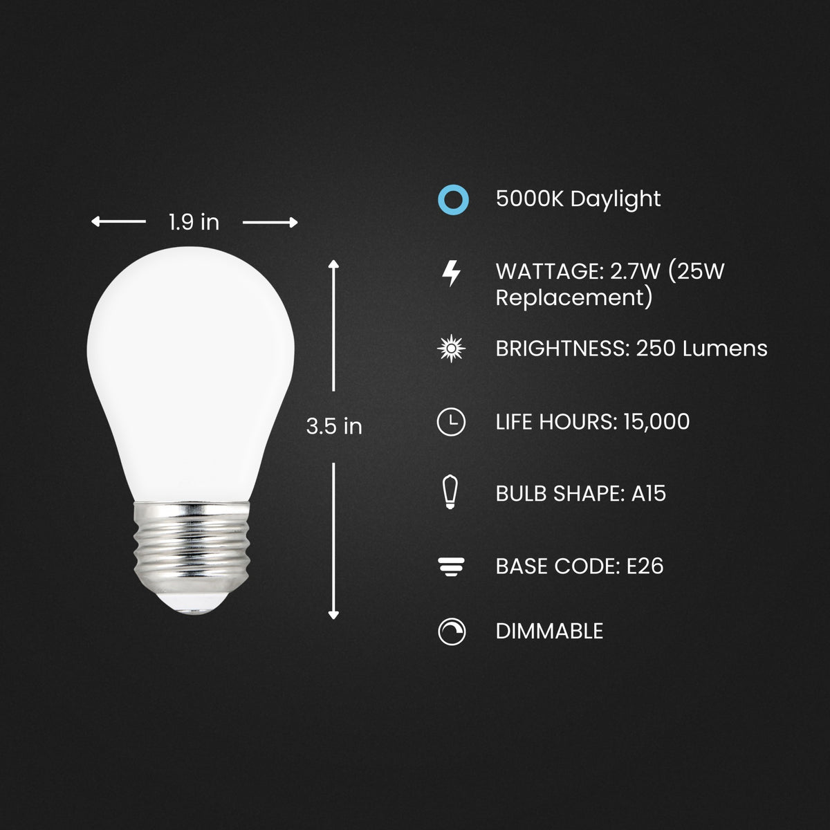 2.7W (25W Equivalent) Daylight (5000K) A15 Dimmable White Glass Enhance Light Bulb