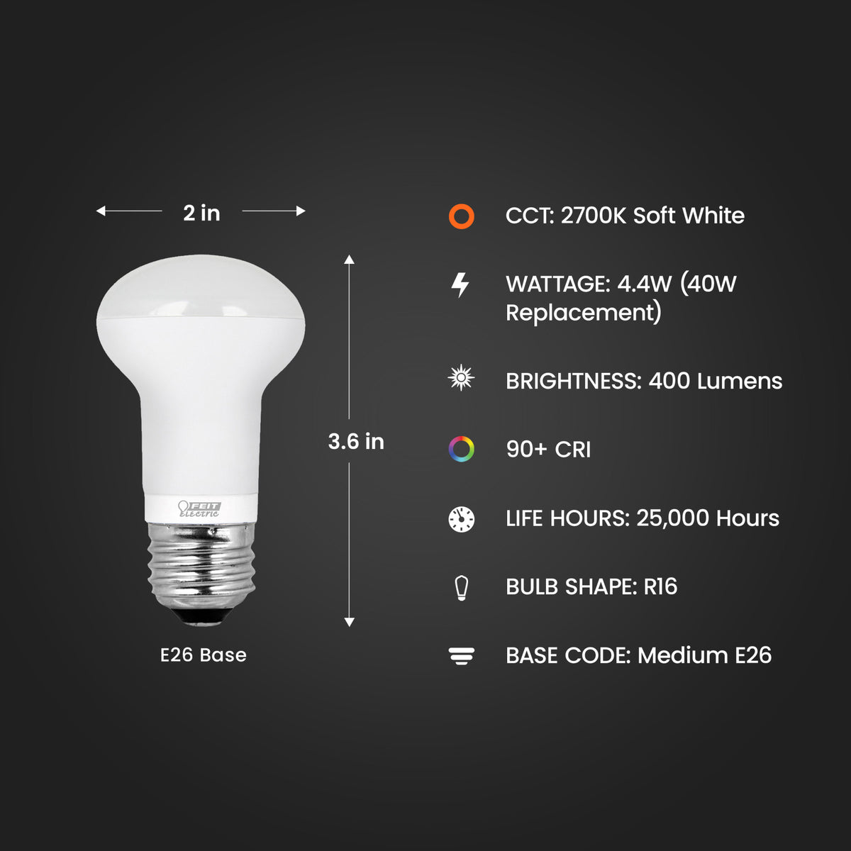4.4W (40W Replacement) Soft White (2700K) E26 Base R16 Dimmable Enhance Reflector LED