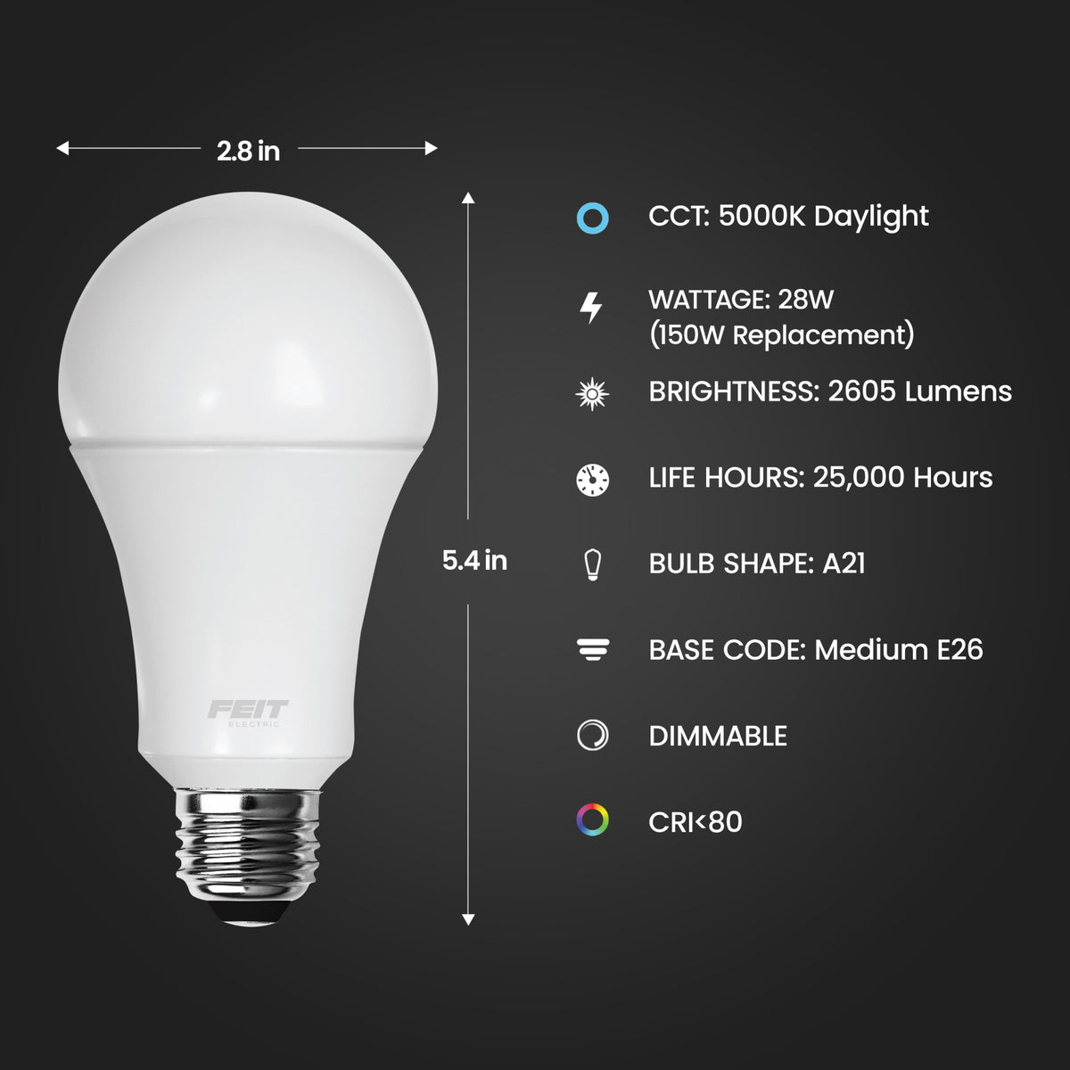 28W (150W Replacement) Daylight (5000K) E26 Base A21 Dimmable High Lumen LED Bulb