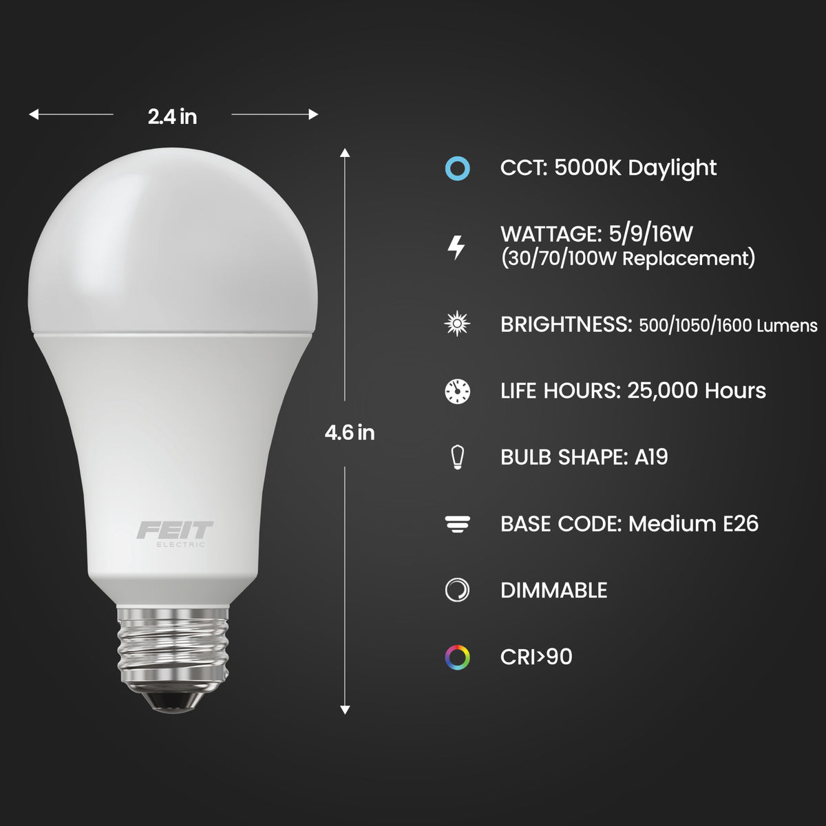 5/10/16W (30/70/100W Replacement) Daylight (5000K) A19 E26 Base 3-Way Enhance LED Light Bulb
