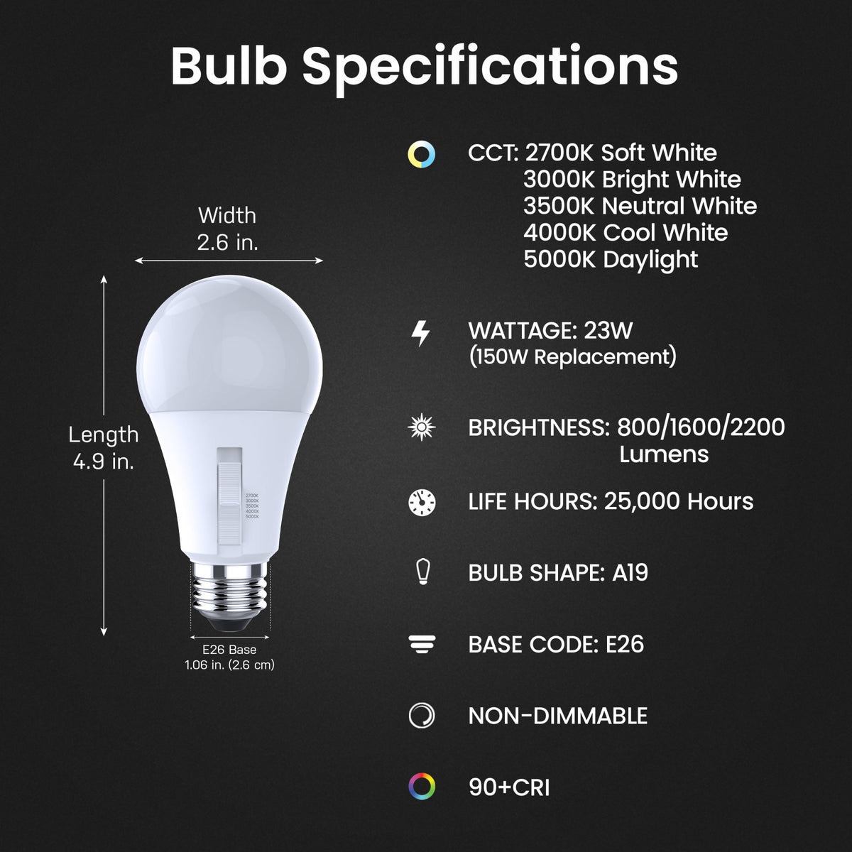 7/15/23W (50/75/150W Replacement) Adjustable White E26 Base A19 Non-Dimmable 3-Way Switch LED Bulb