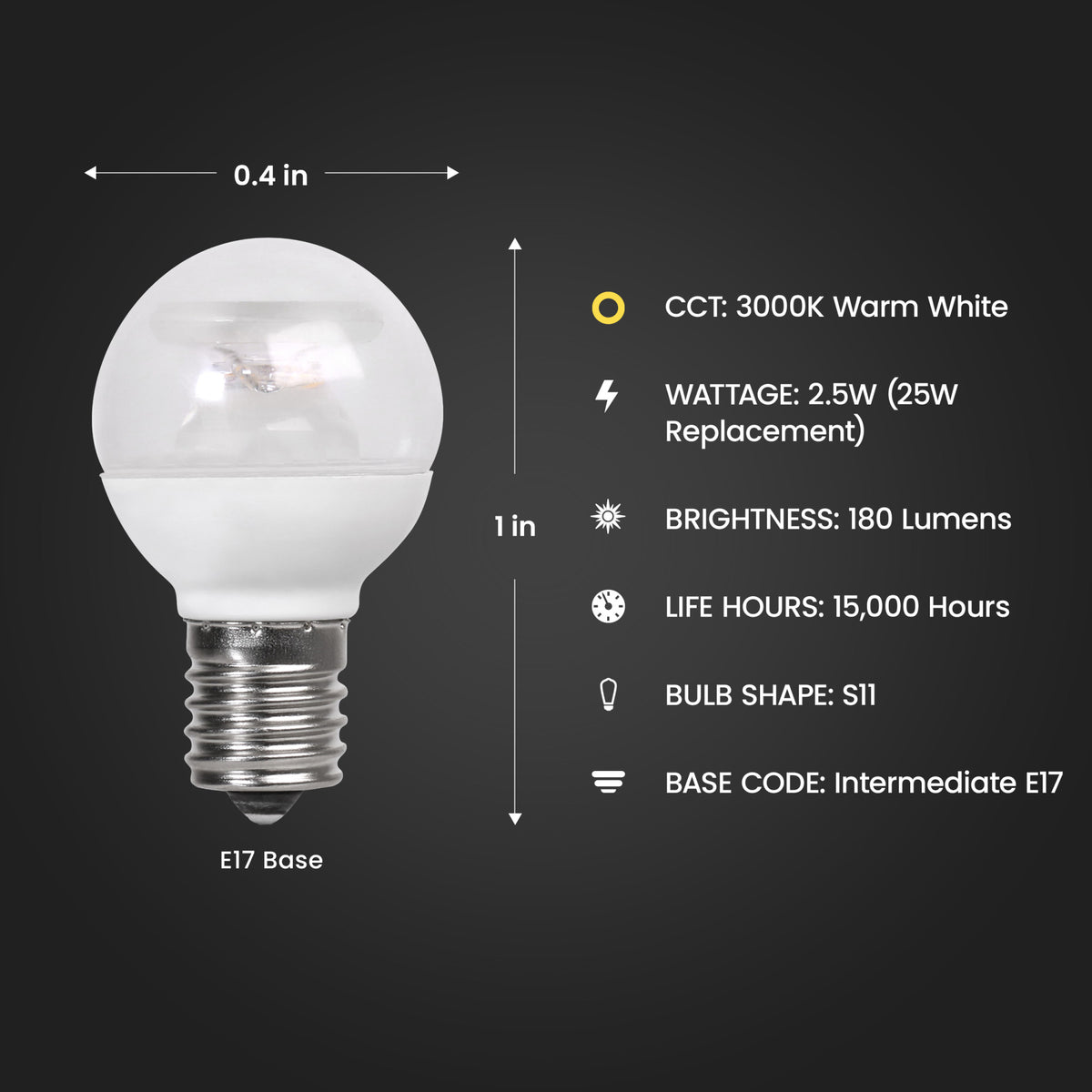 2.5W (25W Replacement) Warm White (3000K) E17 Base S11 Specialty LED