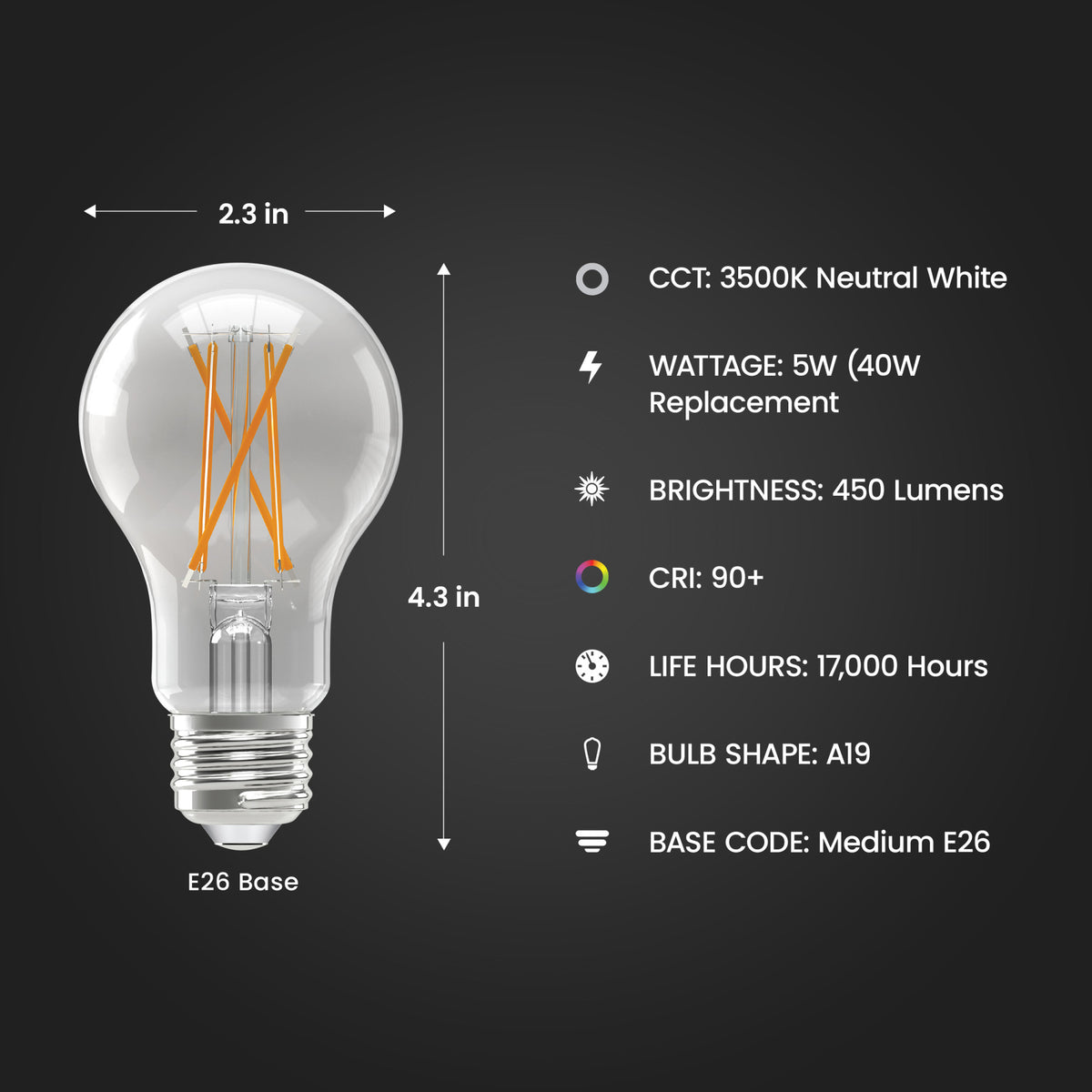 5W (40W Replacement) Neutral White (3500K) Medium E26 Base A19 Enhance Dimmable Clear General Purpose LED Light Bulb (4-Pack)