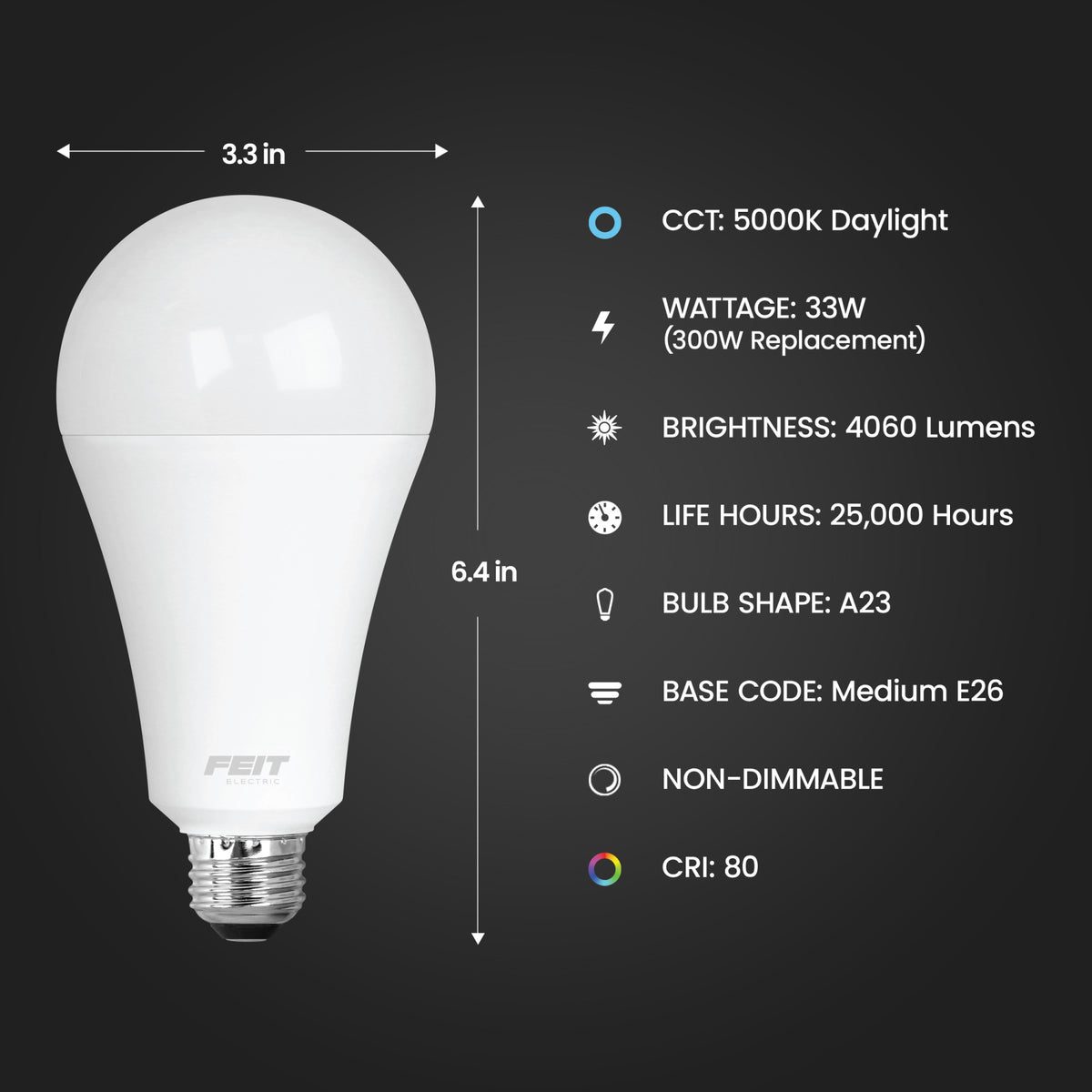 33W (300W Replacement) Daylight (5000K) E26 Base A23 High Output LED