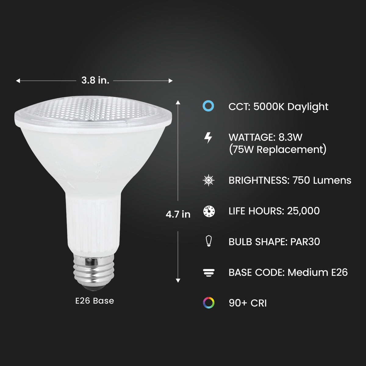 8.3W (75W Replacement) Daylight (5000K) E26 Base Long PAR30 Dimmable BeamChoice Reflector LED Light Bulb