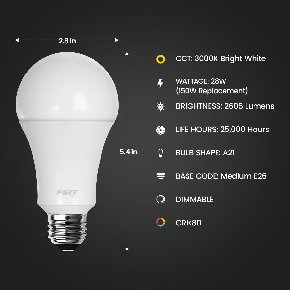 28W (150W Replacement) Bright White (3000K) A21 E26 Base Dimmable High Lumen LED