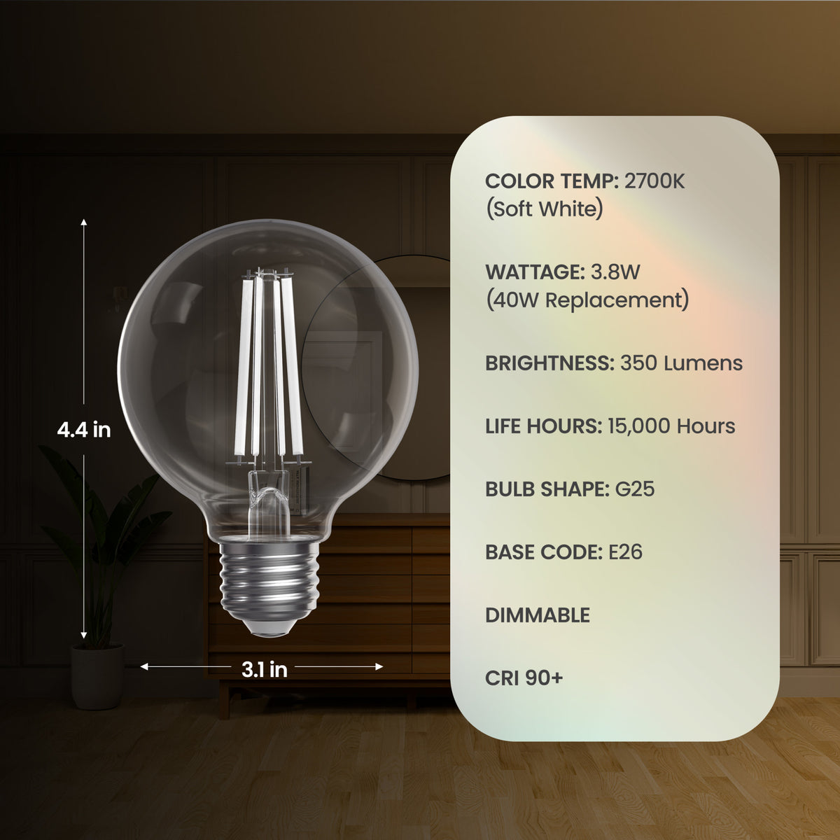 3.8W (40W Replacement) Soft White (2700K) Globe Shape (E26 Base) Exposed White Filament LED Bulb (3-Pack)