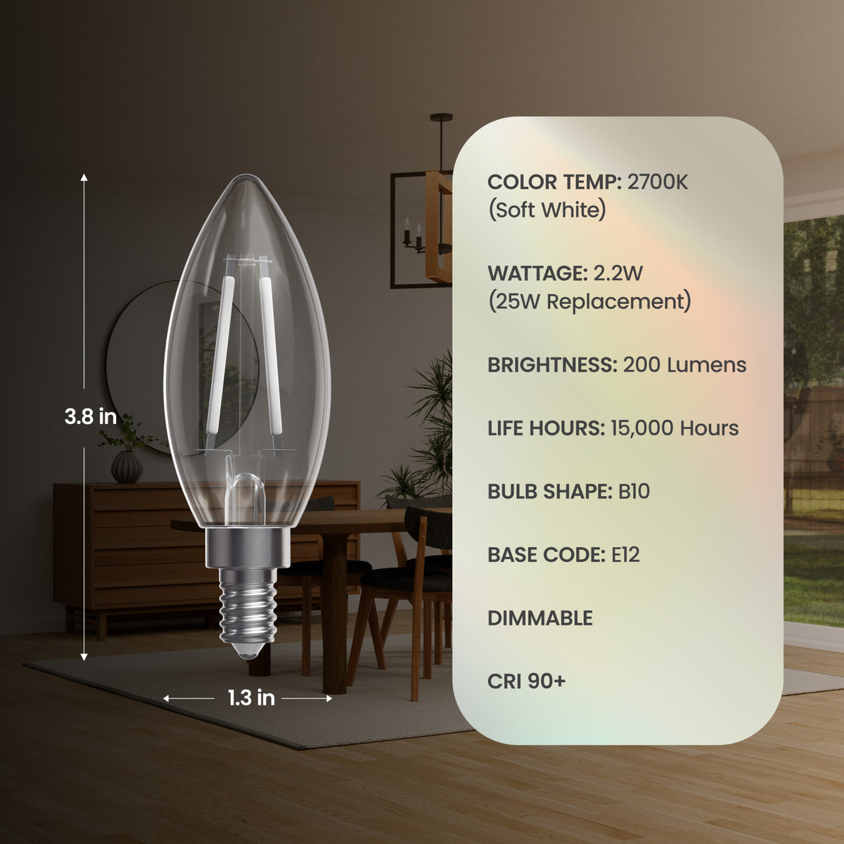 2.2W (25W Replacement) Soft White (2700K) B10 Shape (E12 Base) Torpedo Tip Exposed White Filament LED Bulb (3-Pack)