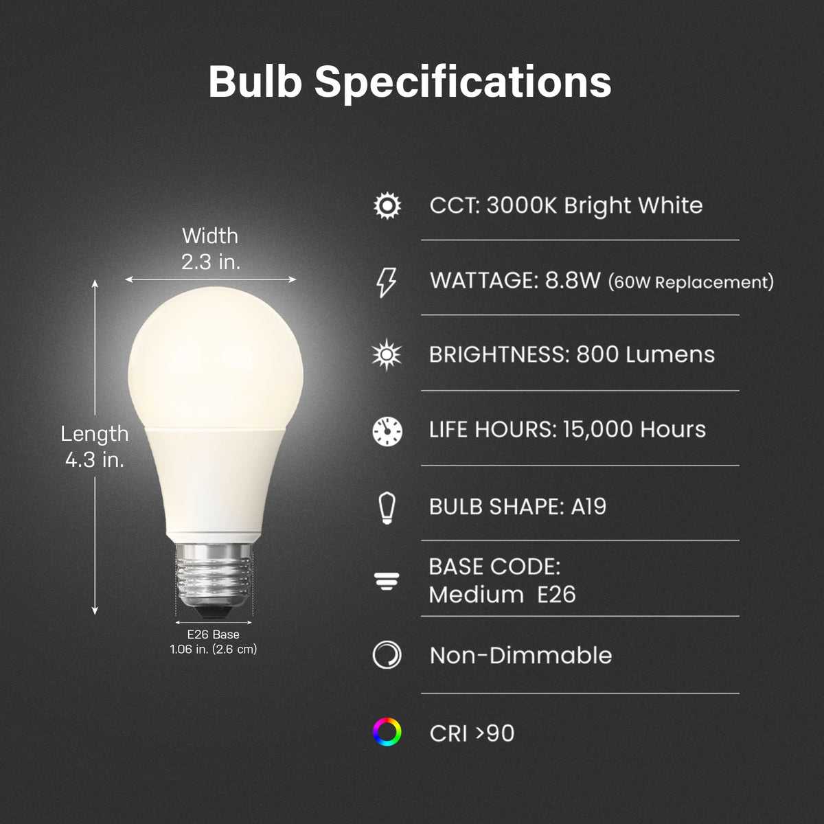 8.8W (60W Replacement) Bright White (3000K) A19 12V Marine and RV LED