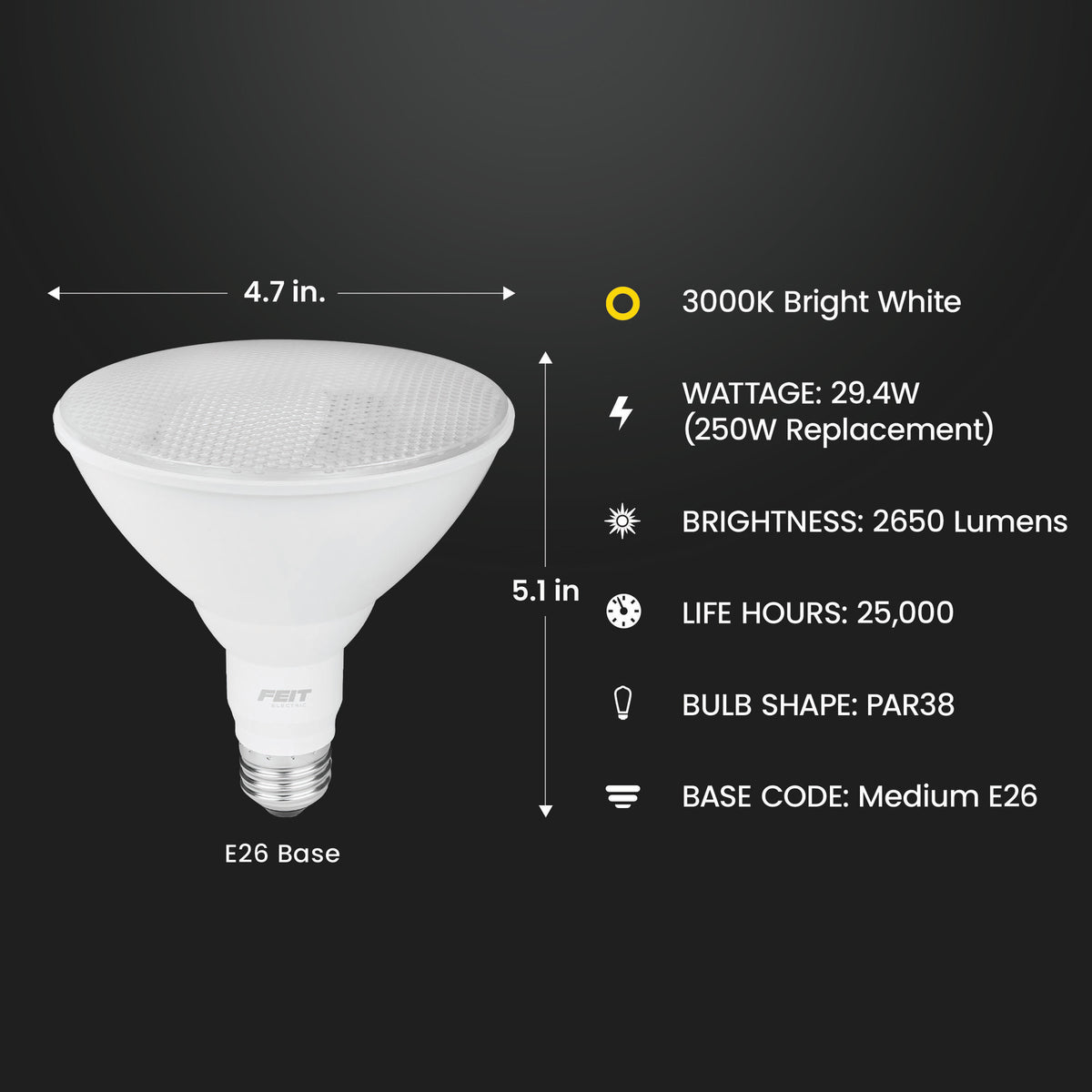 29.4W (250W Replacement) Bright White (3000K) E26 Base Dimmable PAR38 High Output LED
