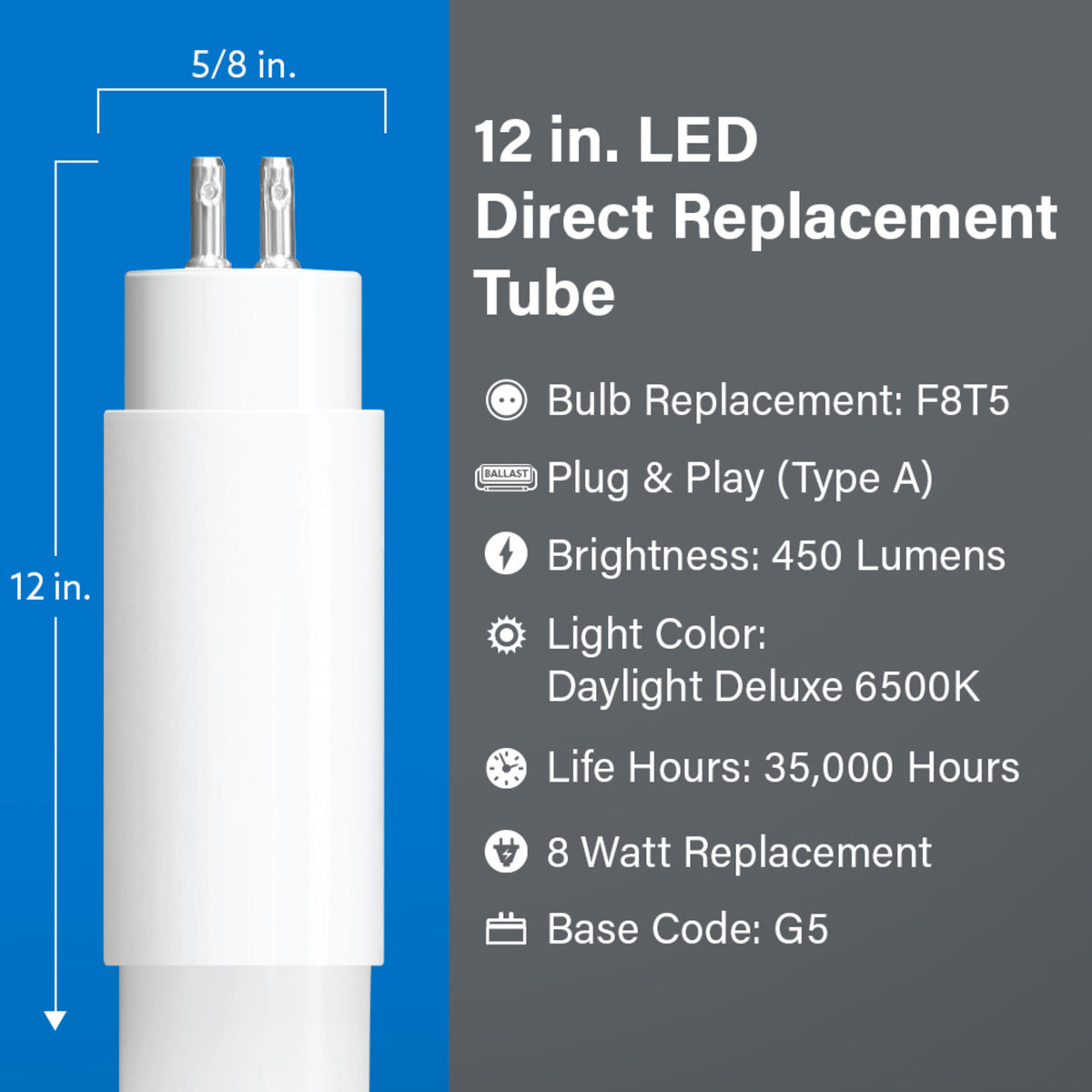 12 in. 8W Replacement Daylight Deluxe (6500K) G5 Base (T5 Replacement) Direct Replacement (Type A) LED Linear Tube
