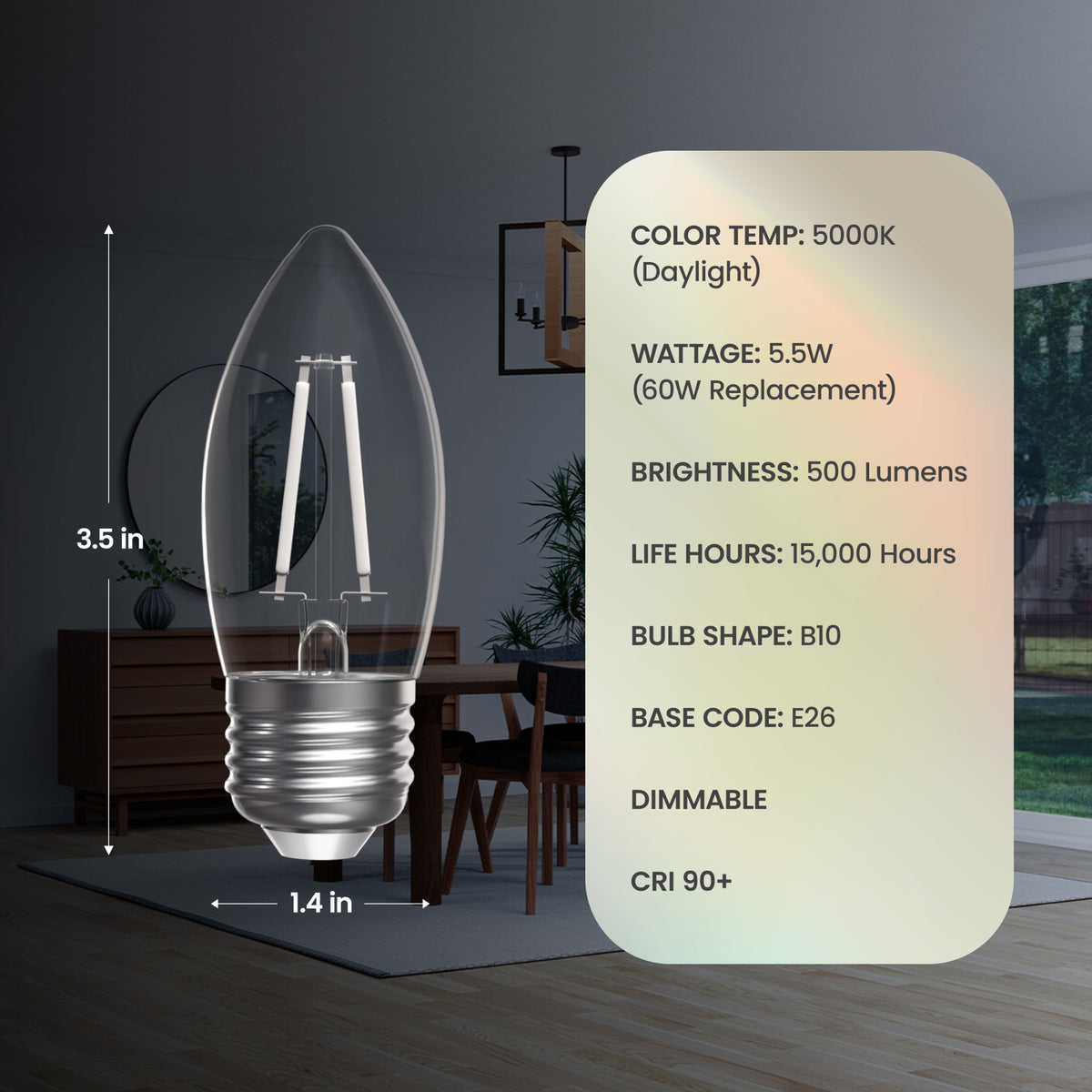 5.5W (60W Equivalent) Daylight White (5000K) Chandelier B10 (E26 Base) Torpedo Tip White Filament LED Bulb (3-Pack)