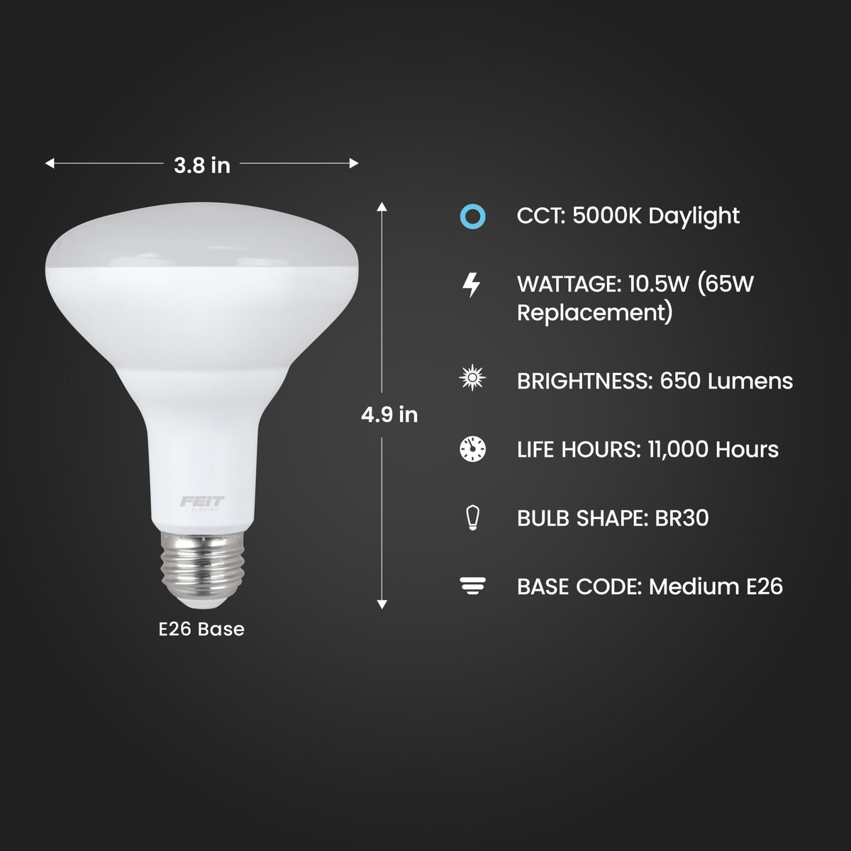 10.5W (65W Replacement) Daylight (5000K) E26 Base BR30 Dimmable Reflector LED Light Bulb (2-Pack)
