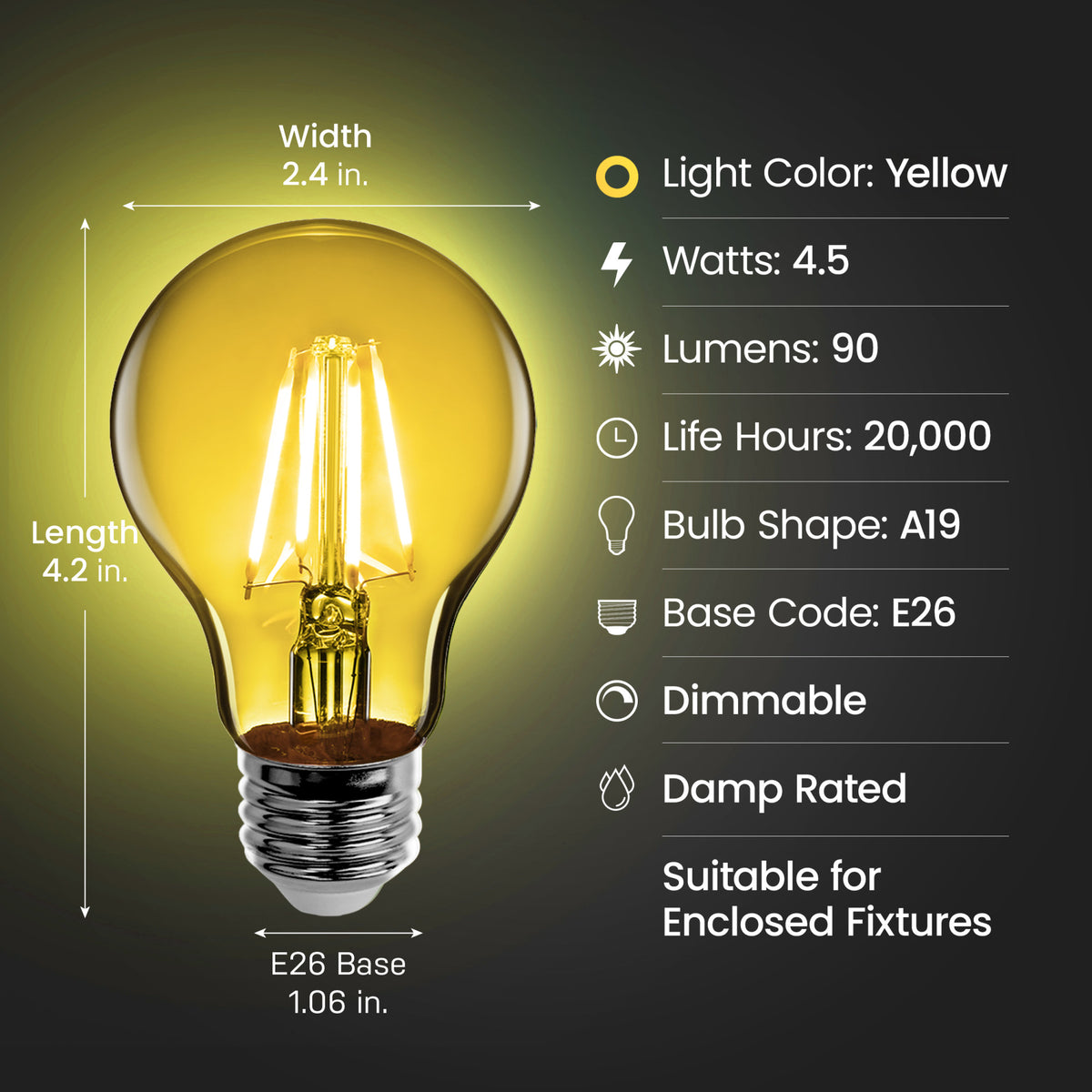 4.5W Clear Glass Transparent Yellow A19 Dimmable LED Filament Light Bulb