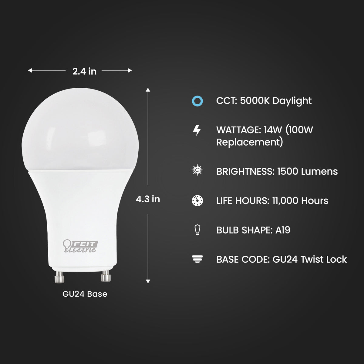 14W (100W Replacement) Daylight (5000K) GU24 Base A19 Dimmable General Purpose LED