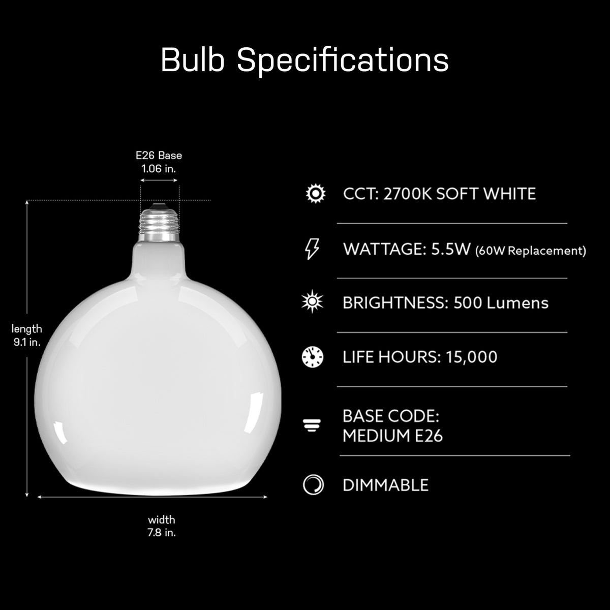 5.5W Soft White (2700K) Dimmable Frosted Globe LED Bulb