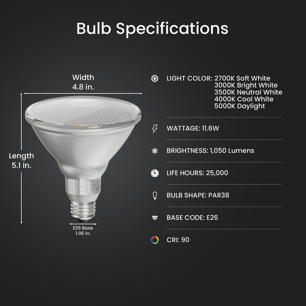 11.6W (100W Replacement) Adjustable White E26 Base PAR38 Motion LED Bulb