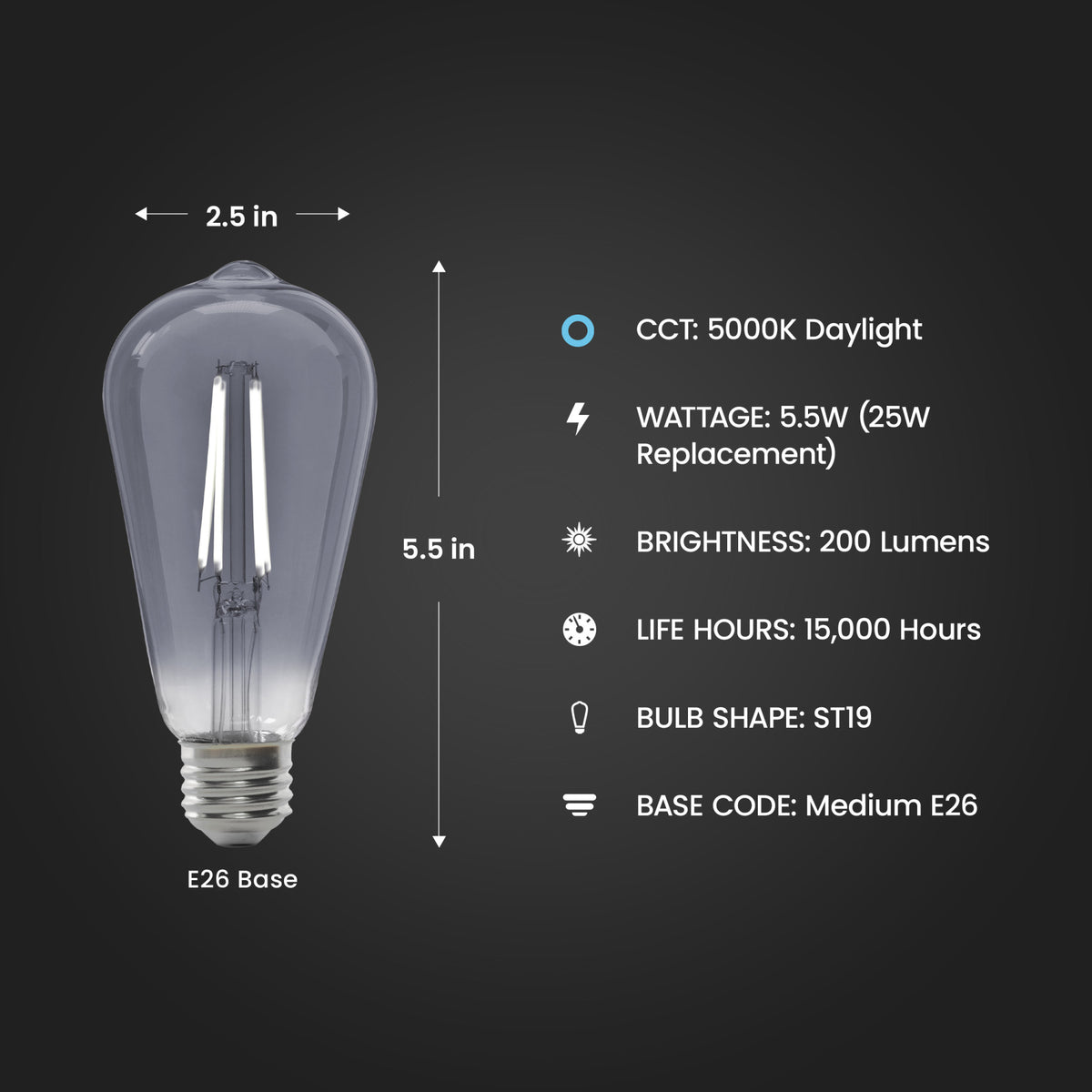 5.5W (25W Replacement) ST19 E26 Dimmable Straight Filament Smoke Glass Vintage Edison LED Light Bulb, Daylight