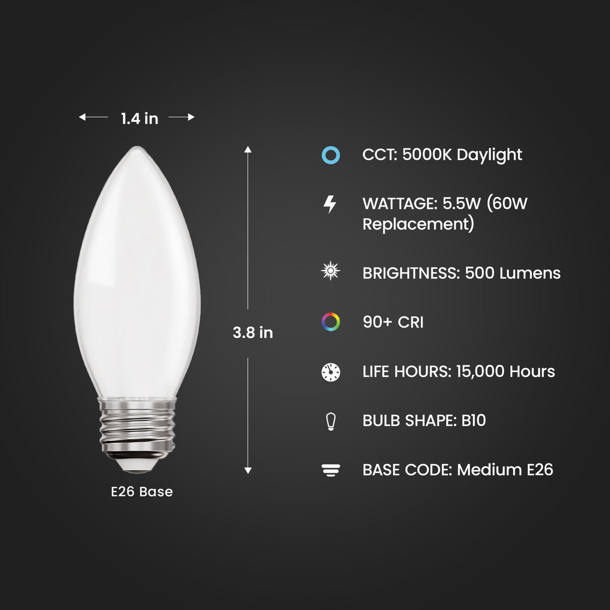 5.5W (60W Replacement) Daylight (5000K) B10 Torpedo Tip Dimmable LED Enhance Frosted Glass Filament Light Bulb (2-Pack)