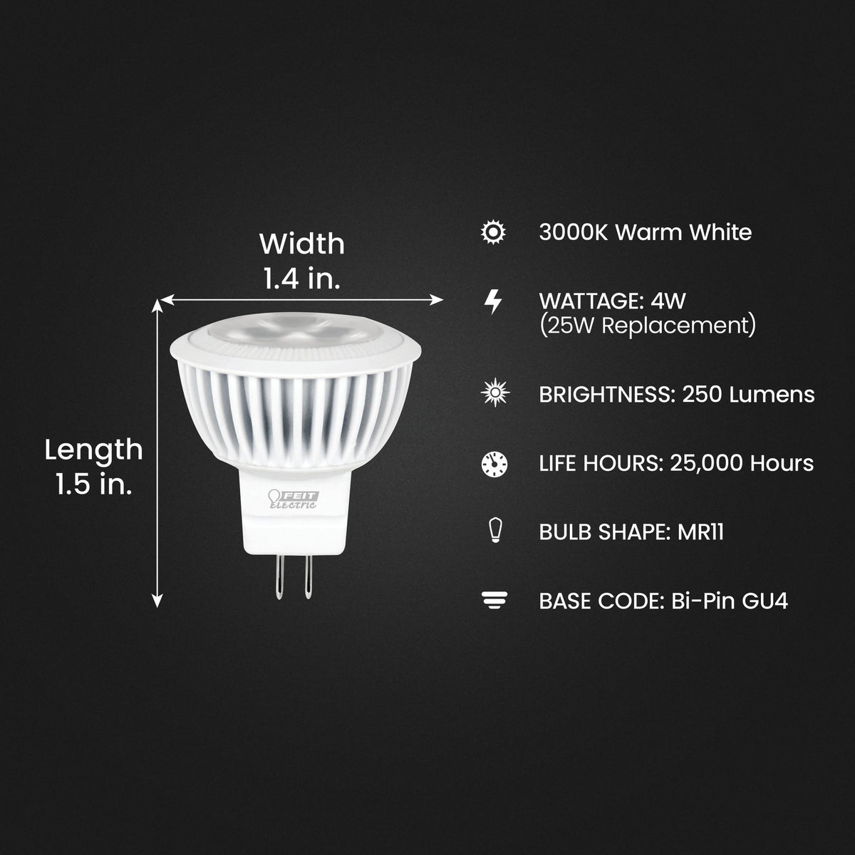 4W (25W Replacement) Warm White (3000K) GU4 Base MR11 Reflector LED Light Bulb