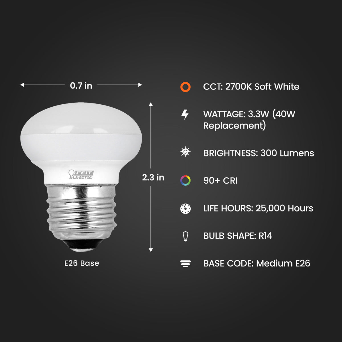 3.3W (40W Replacement) Soft White (2700K) E26 Base R14 Dimmable Enhance Reflector LED