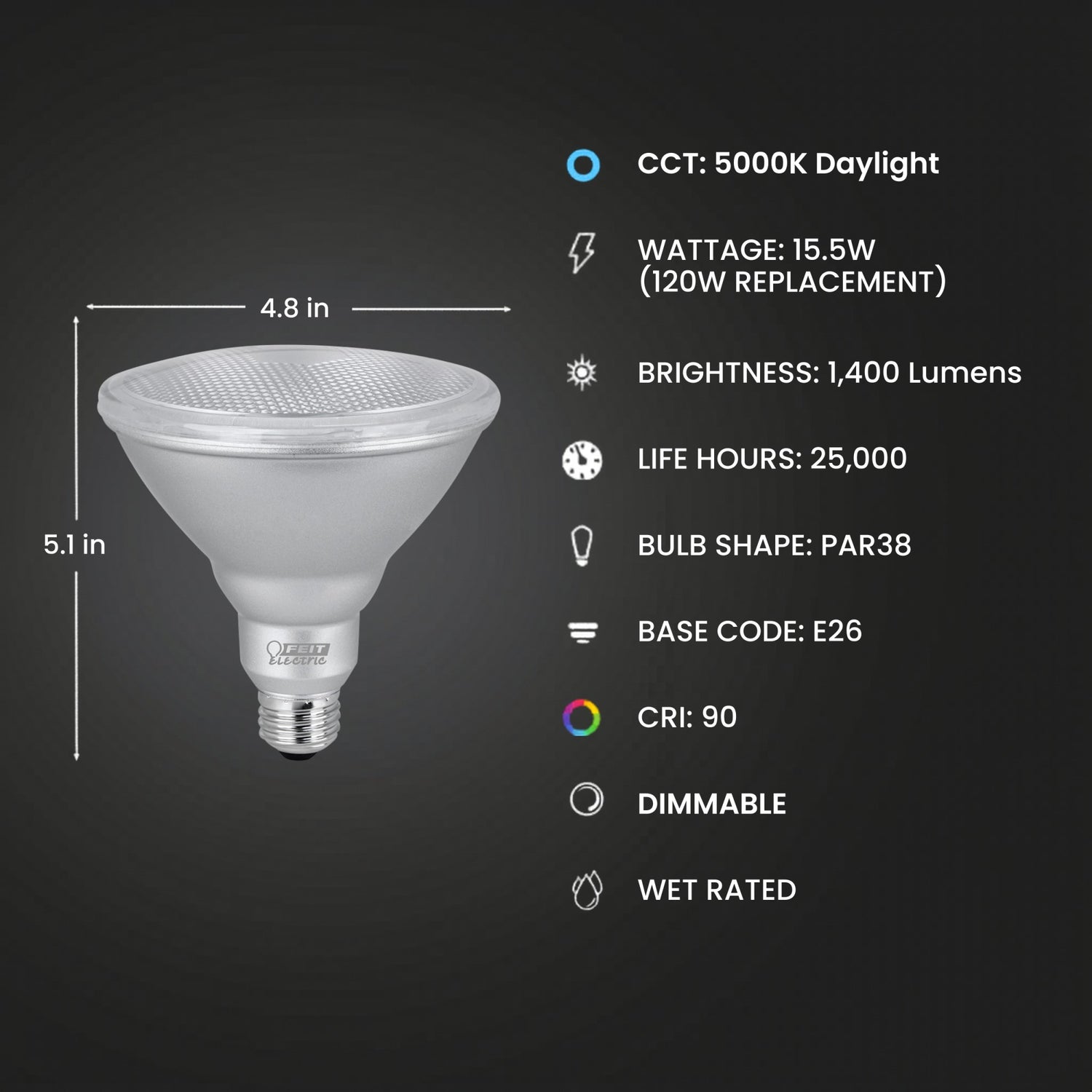 15.5W (120W Replacement) Daylight (5000K) E26 Base PAR38 Dimmable Enhance Reflector LED
