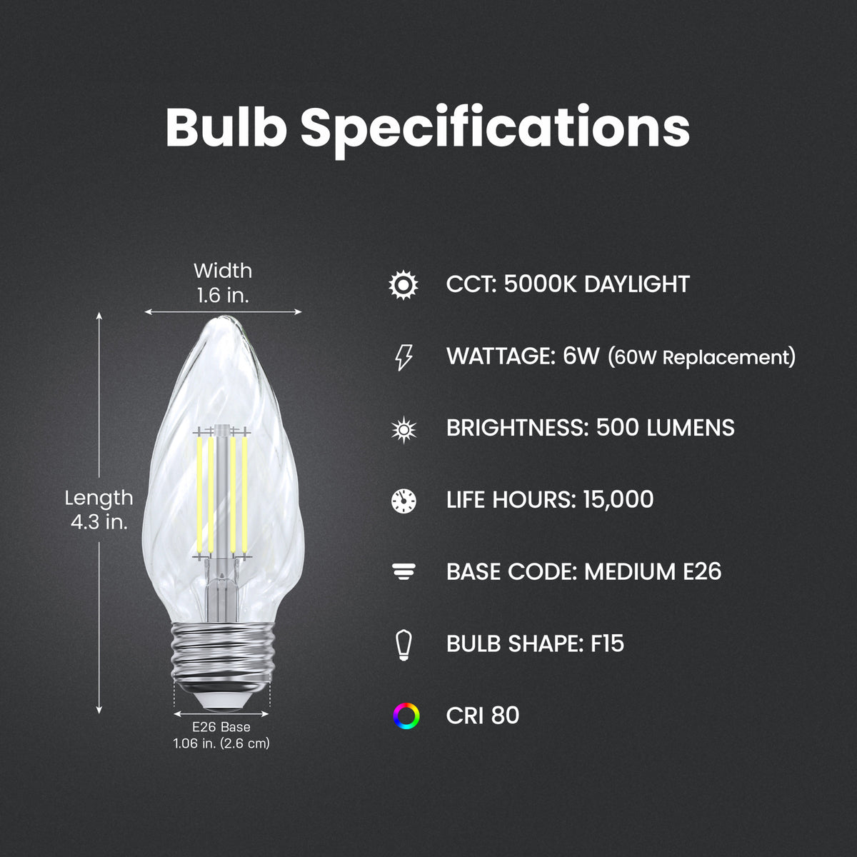 6W (60W Replacement) Daylight (5000K) Clear F15 Dimmable LED Post Lantern Bulb