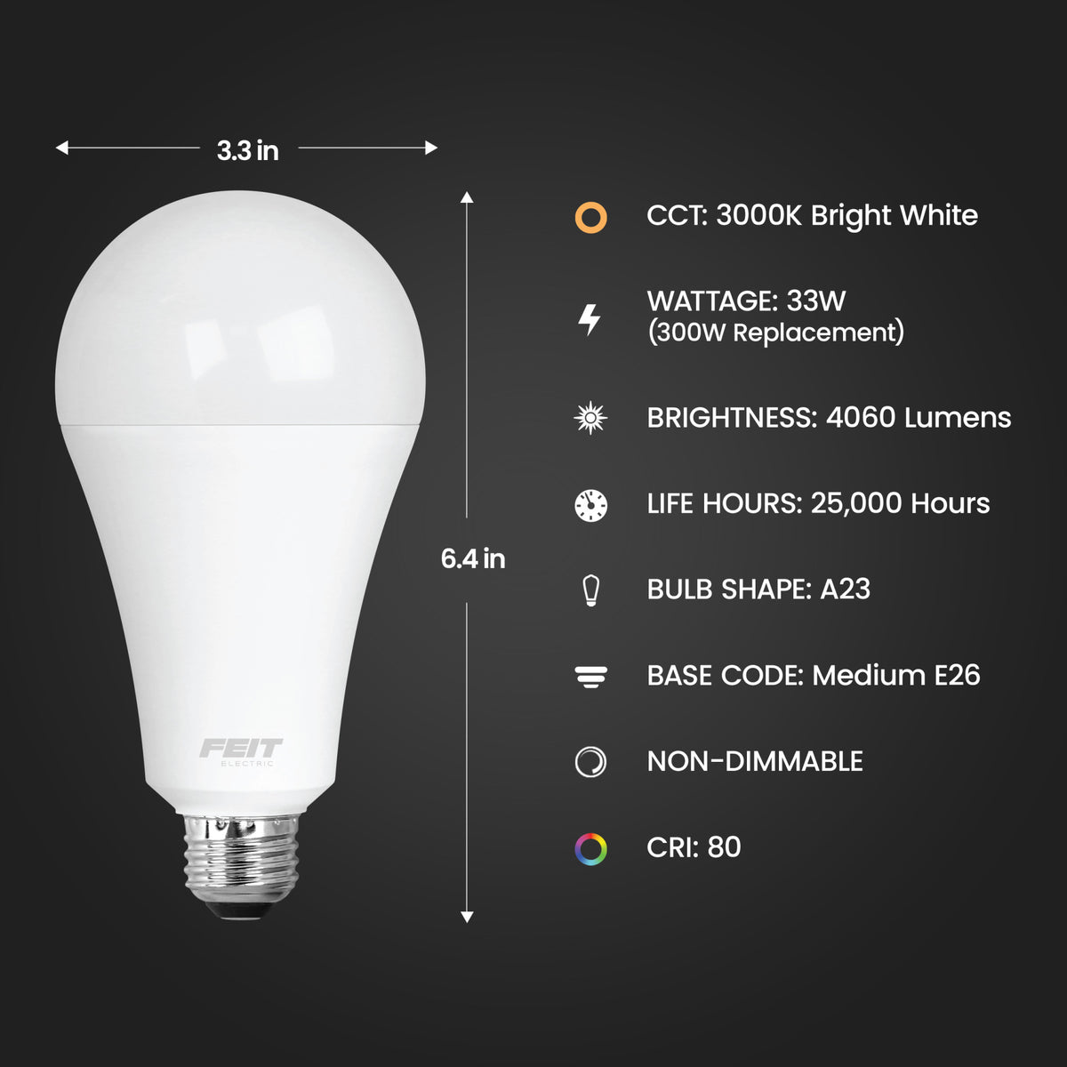 33W (300W Replacement) Bright White (3000K) E26 Base A23 High Output LED