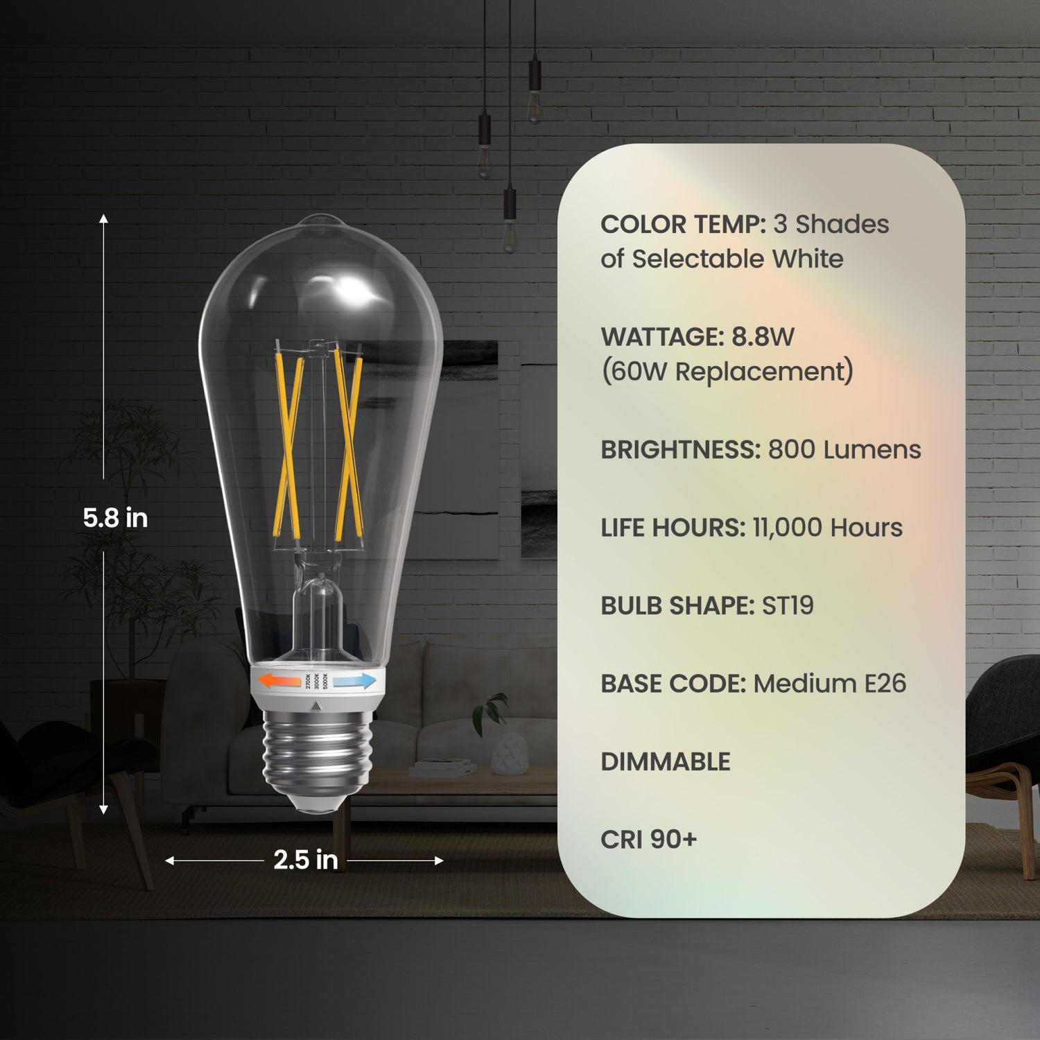 8.8W (60W Replacement) Twist & Select ST19 E26 Dimmable Edison LED Bulb (4-Pack)