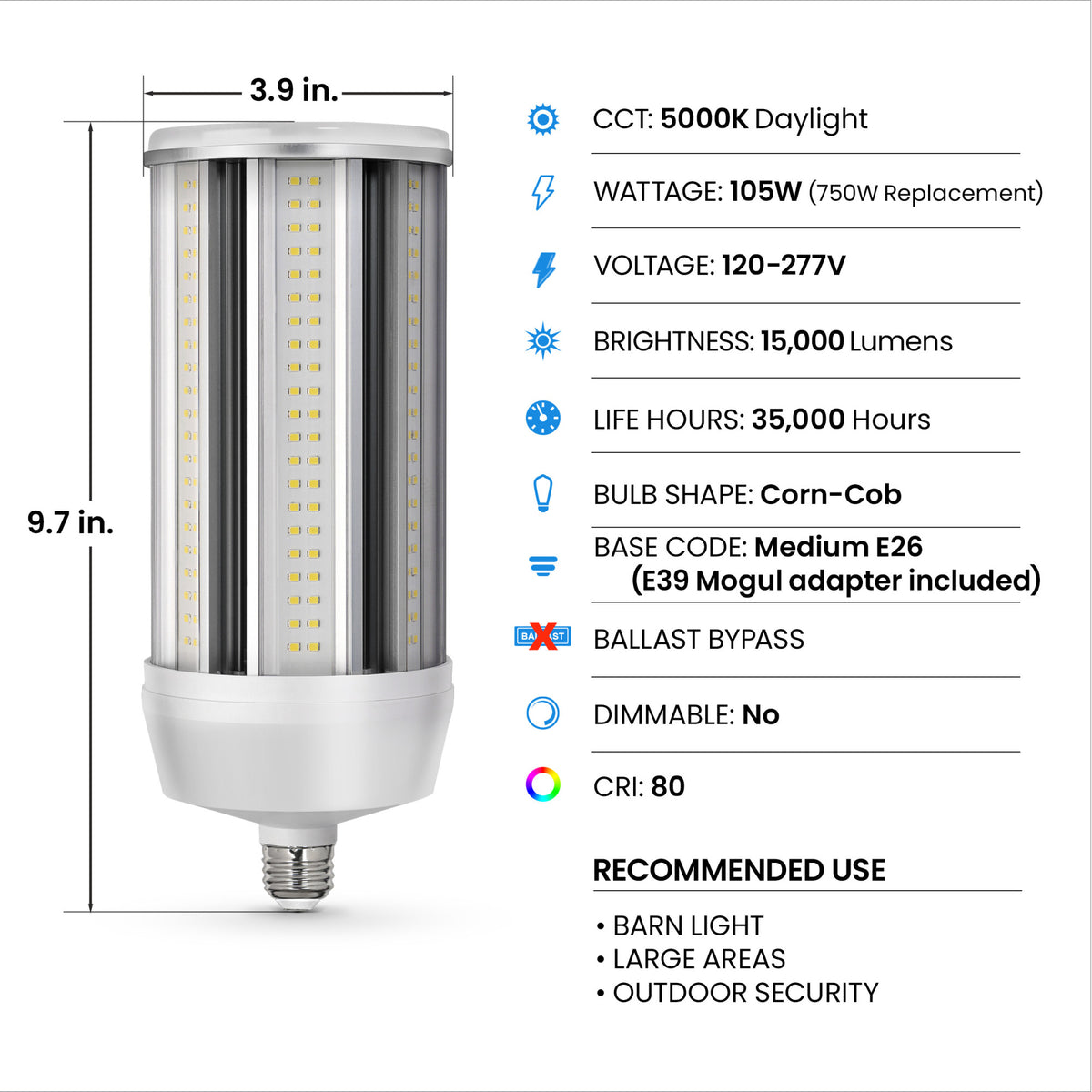15000 Lumens Daylight (5000K) E26/E39 Base LED Corn-Cob Light