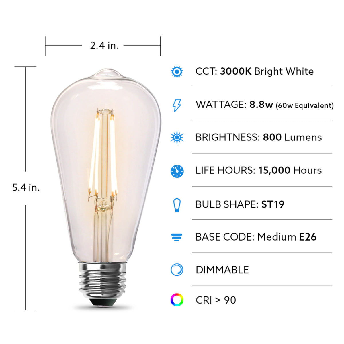 8.8W (60W Replacement) ST19 E26 Dimmable Straight Filament Clear Glass Vintage Edison LED Light Bulb, Bright White (4-Pack)