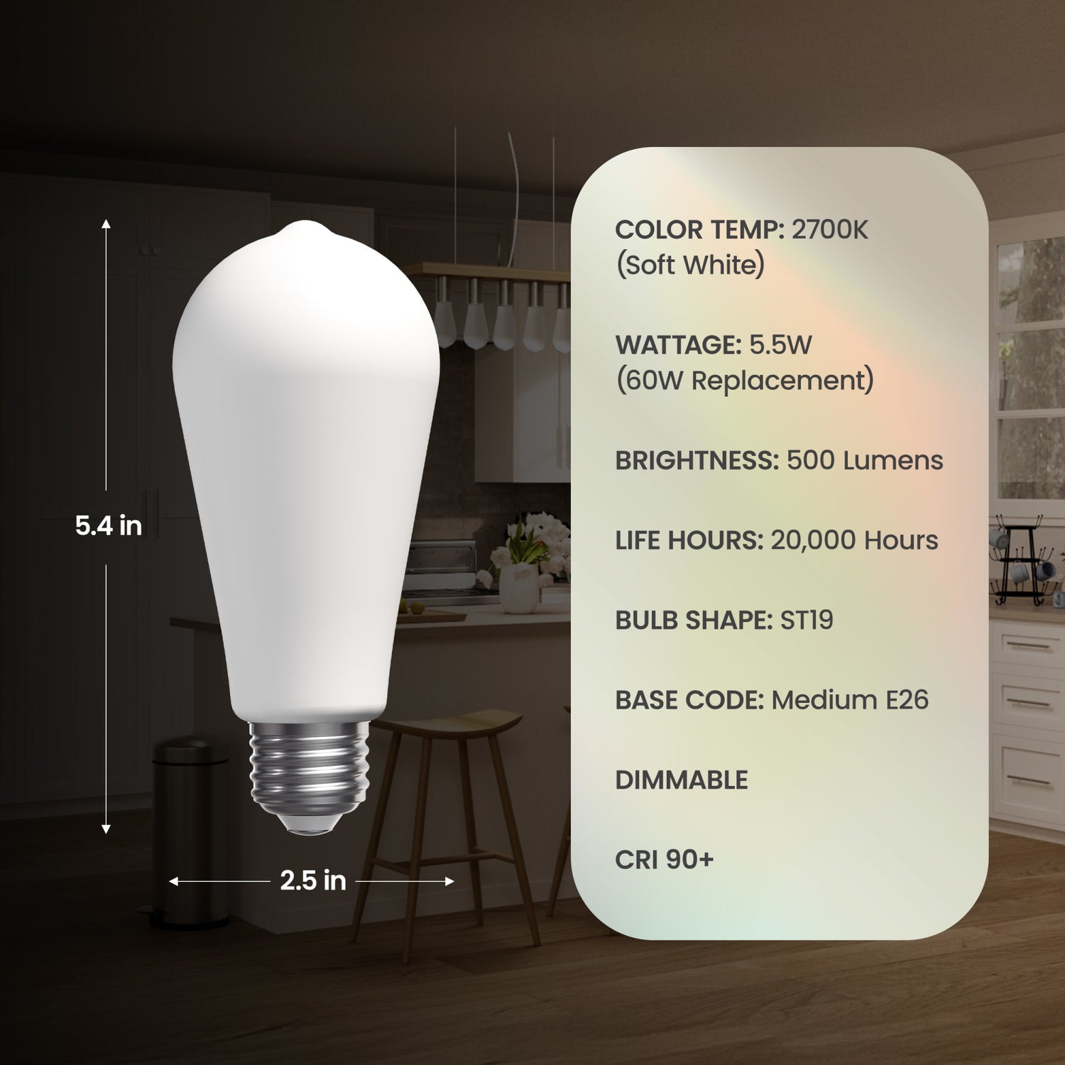 5.5W (60W Replacement) ST19 E26 Dimmable Porcelain Edison LED Bulb, Soft White (2-Pack)