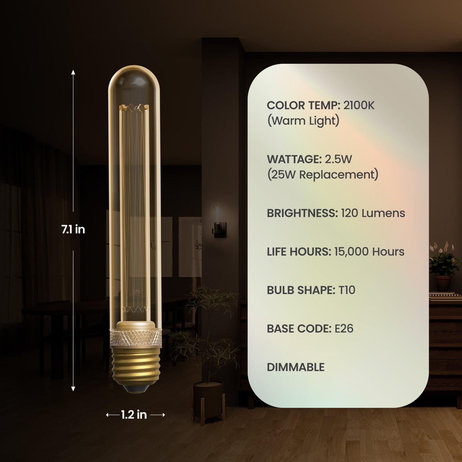 2.5W T10 E26 Dimmable Vintage Amber Glass LED Bulb, Warm Light