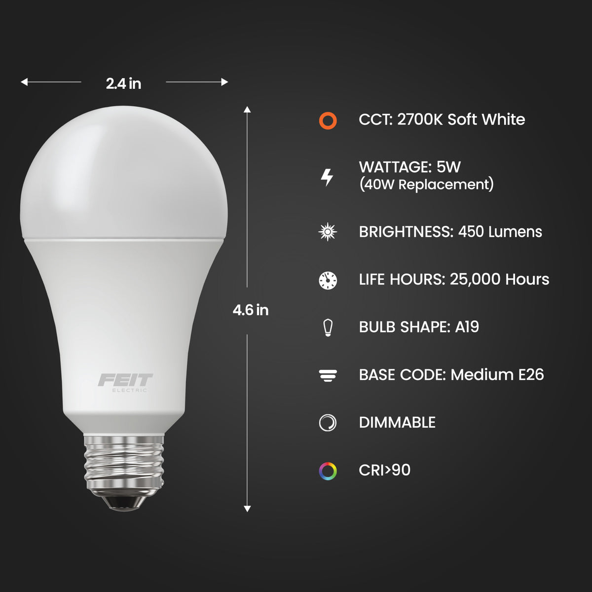 5W (40W Replacement) Soft White (2700K) E26 Base A19 Dimmable General Purpose LED (4-Pack)