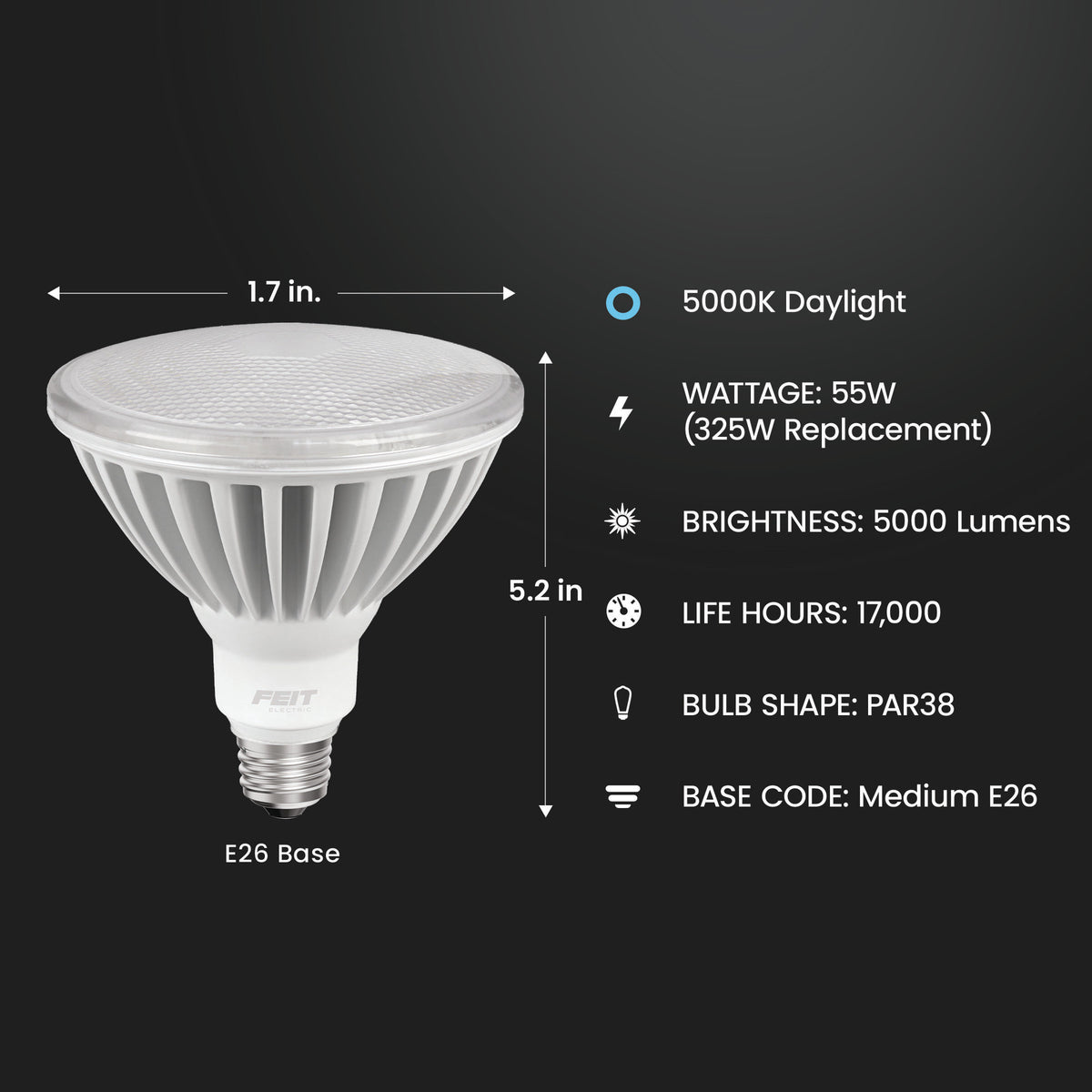 55W (325W Replacement) Daylight (5000K) E26 Base PAR38 High Lumen Non-Dimmable LED