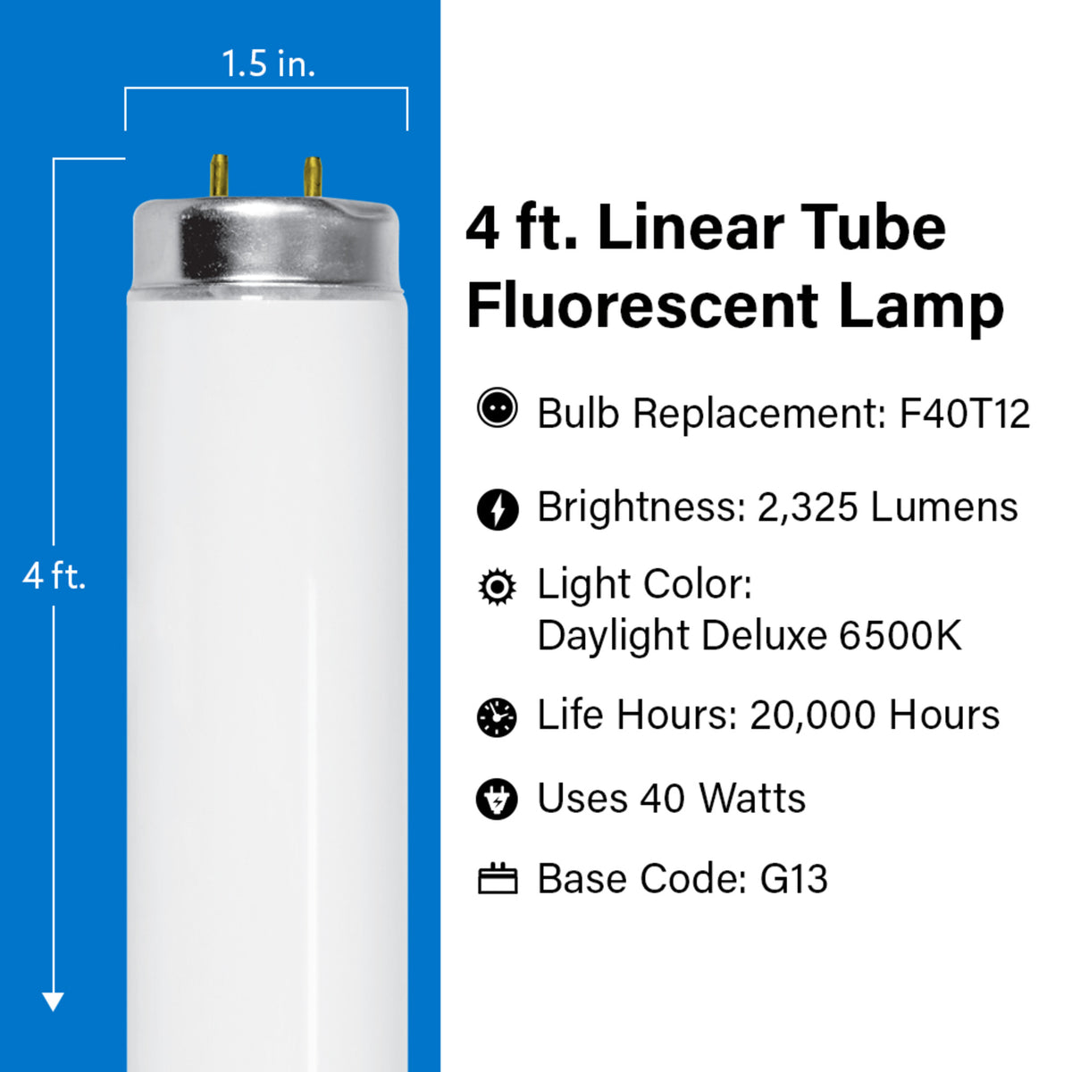 4 ft. 40W Daylight Deluxe (6500K) G13 Base (T12 Replacement) Fluorescent Linear Light Tube (2-Pack)