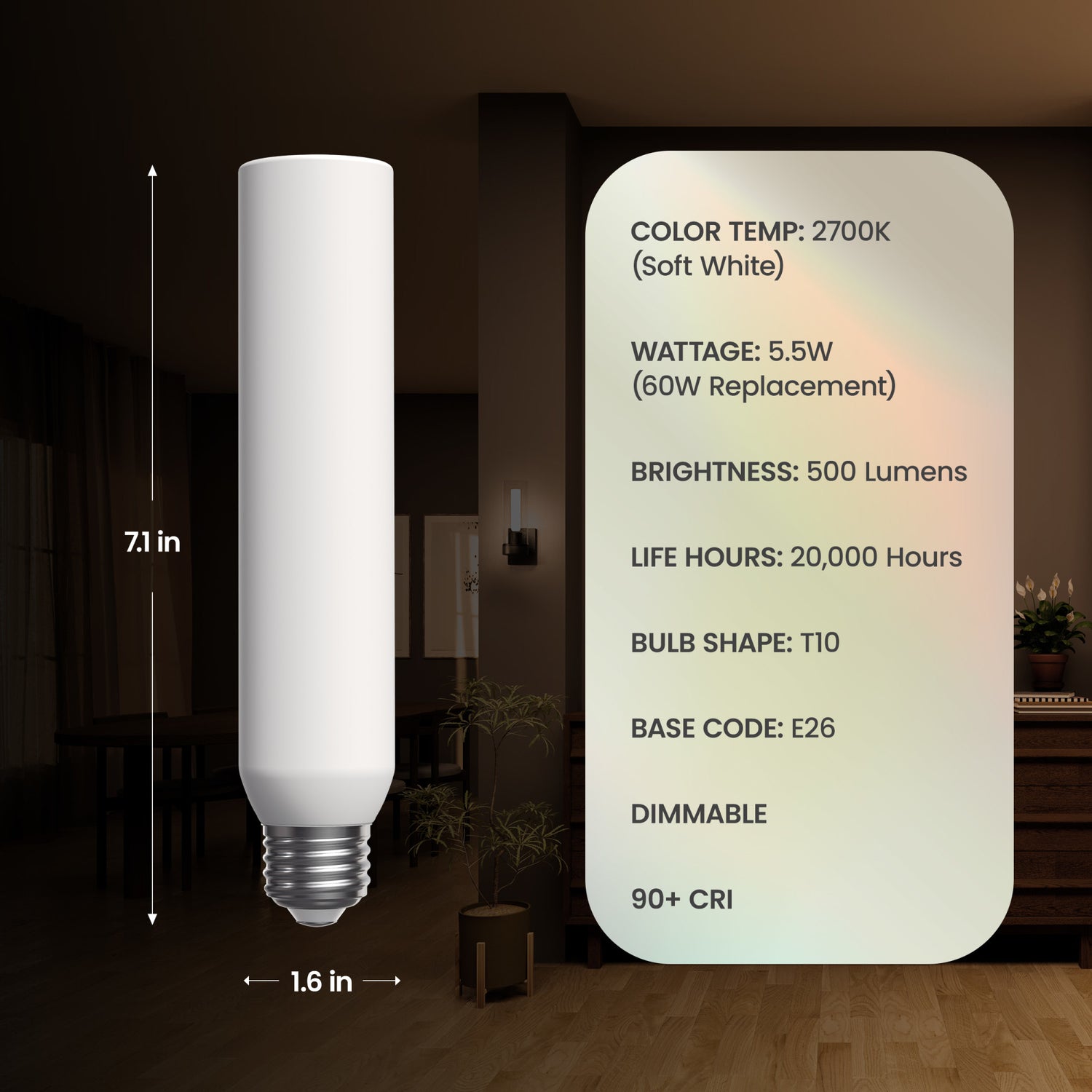 5.5W (60W Replacement) T10 E26 Dimmable Porcelain LED Bulb, Daylight (2-Pack)
